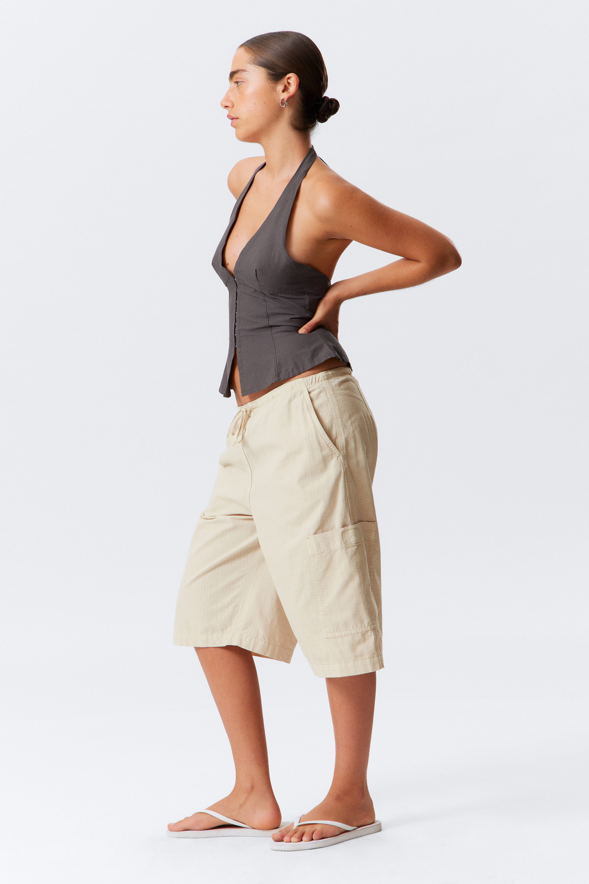 Light Beige - Loose Fit Ripstop Cargo Shorts - 2