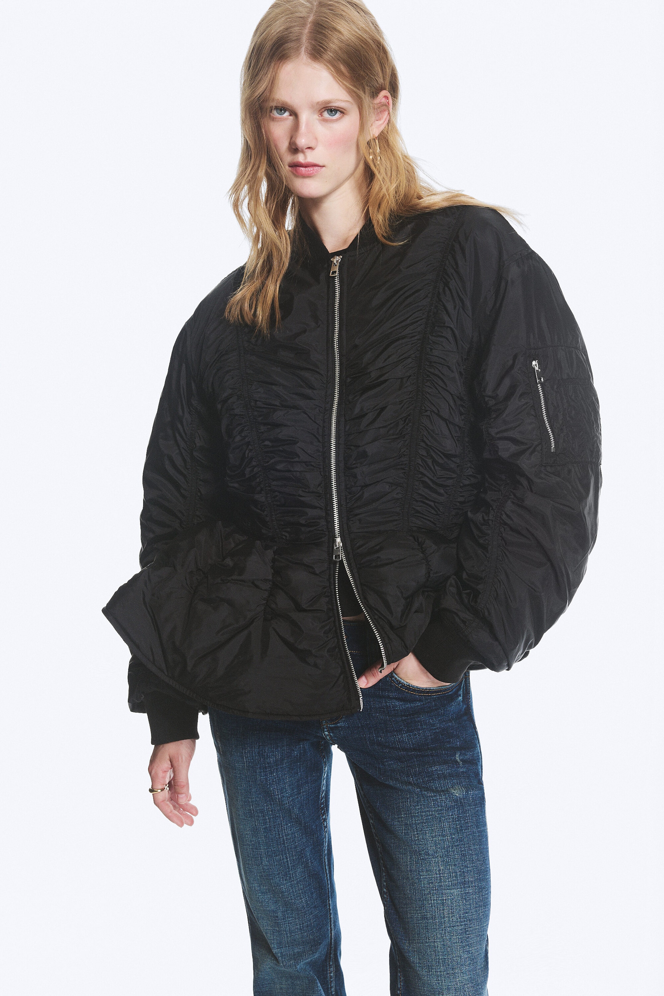 Zwart - Slim ruches peplum bomberjack - 2