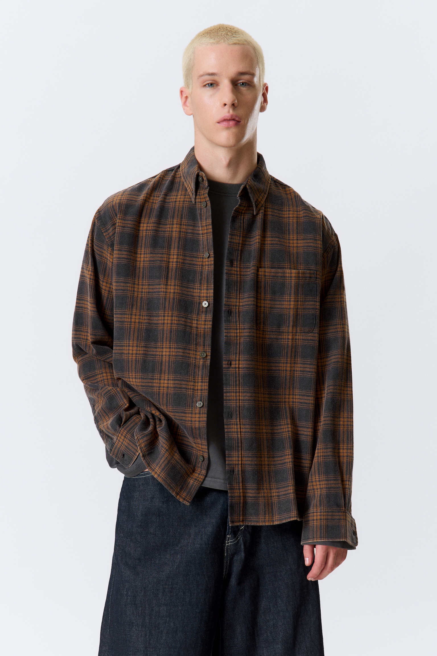 Cămașă Flanel cu Carouri Spălate și Nasturi - Checked Washed Navy/Orange/Carouri Gri Spălăcit - 1