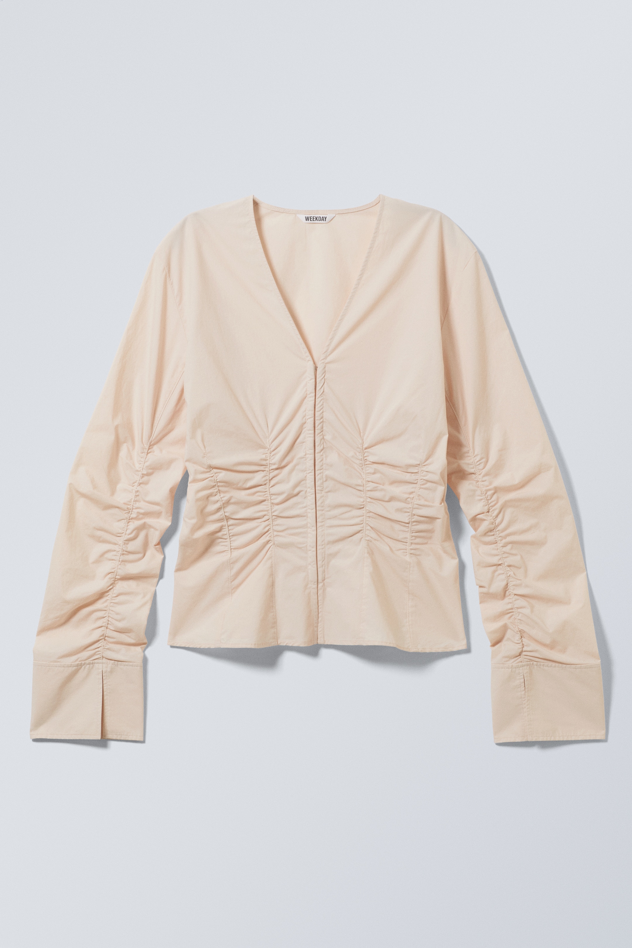 Преглед на по-голямо изображение: Gathered Poplin V-neck Shirt - Beige - ЖЕНИ | H&M BG 1