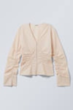 Beige - Gerafftes Popeline-Hemd mit V-Ausschnitt - 0