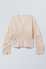 Beige - Chemise à col en V en popeline froncée - 0