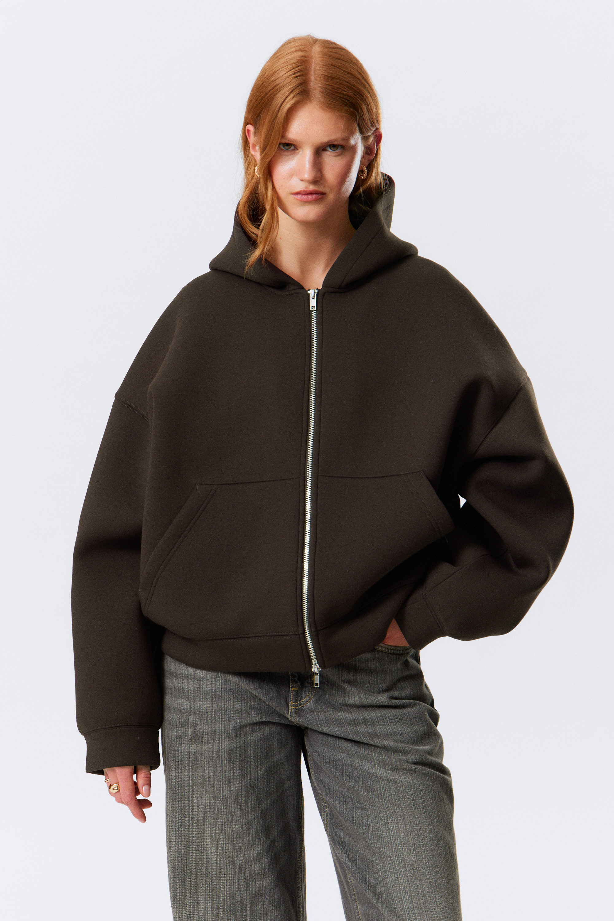 Mörkbrun - Oversized Scuba Zip-hoodie - 1