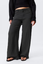 Dark Grey - Crinkle Low Waist Loose Fit Trousers - 1