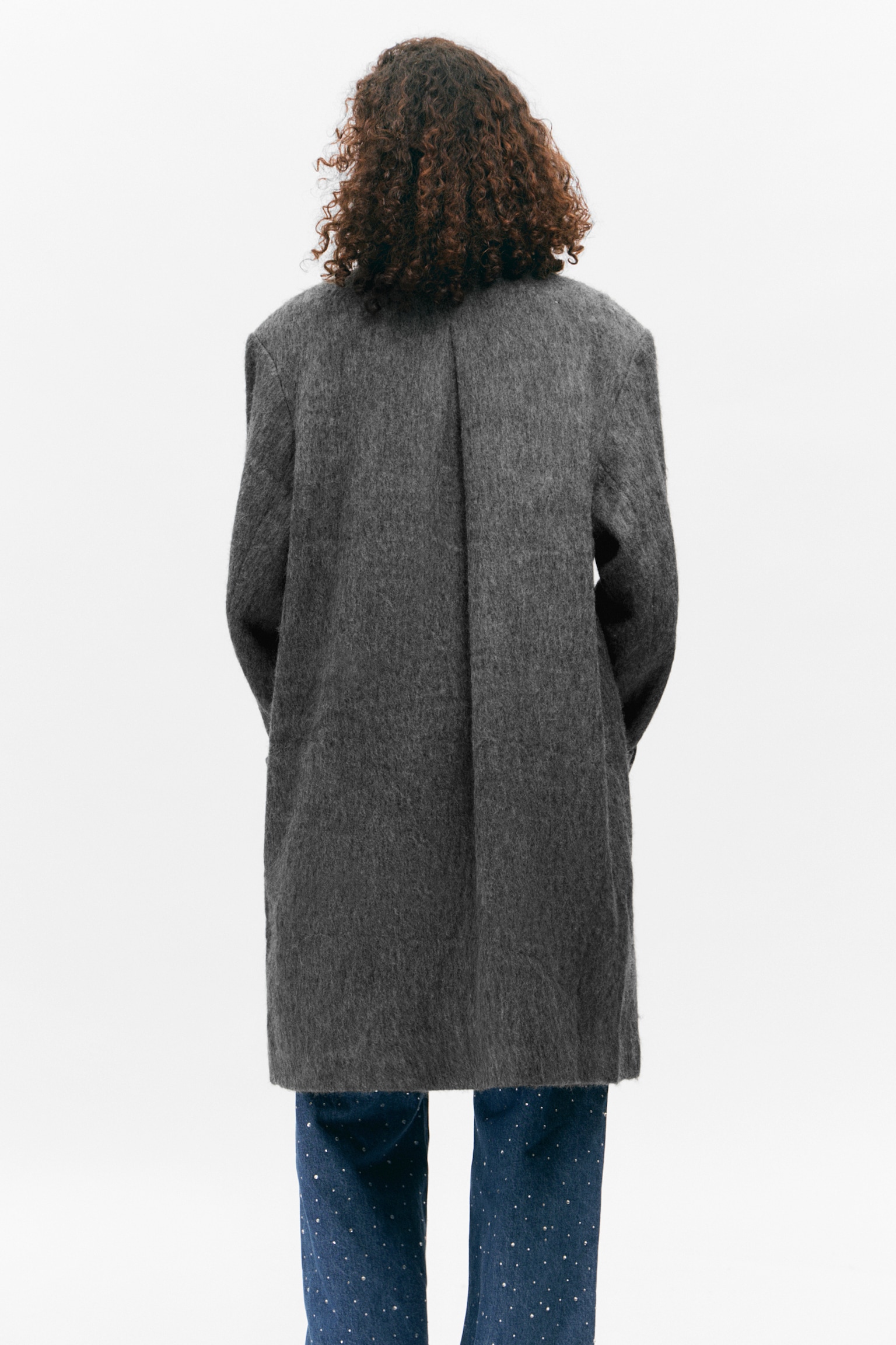 Knee-Length Single-Breasted Coat - Dusty Dark Grey Melange/Zwart/Dusty Mole Check - 5