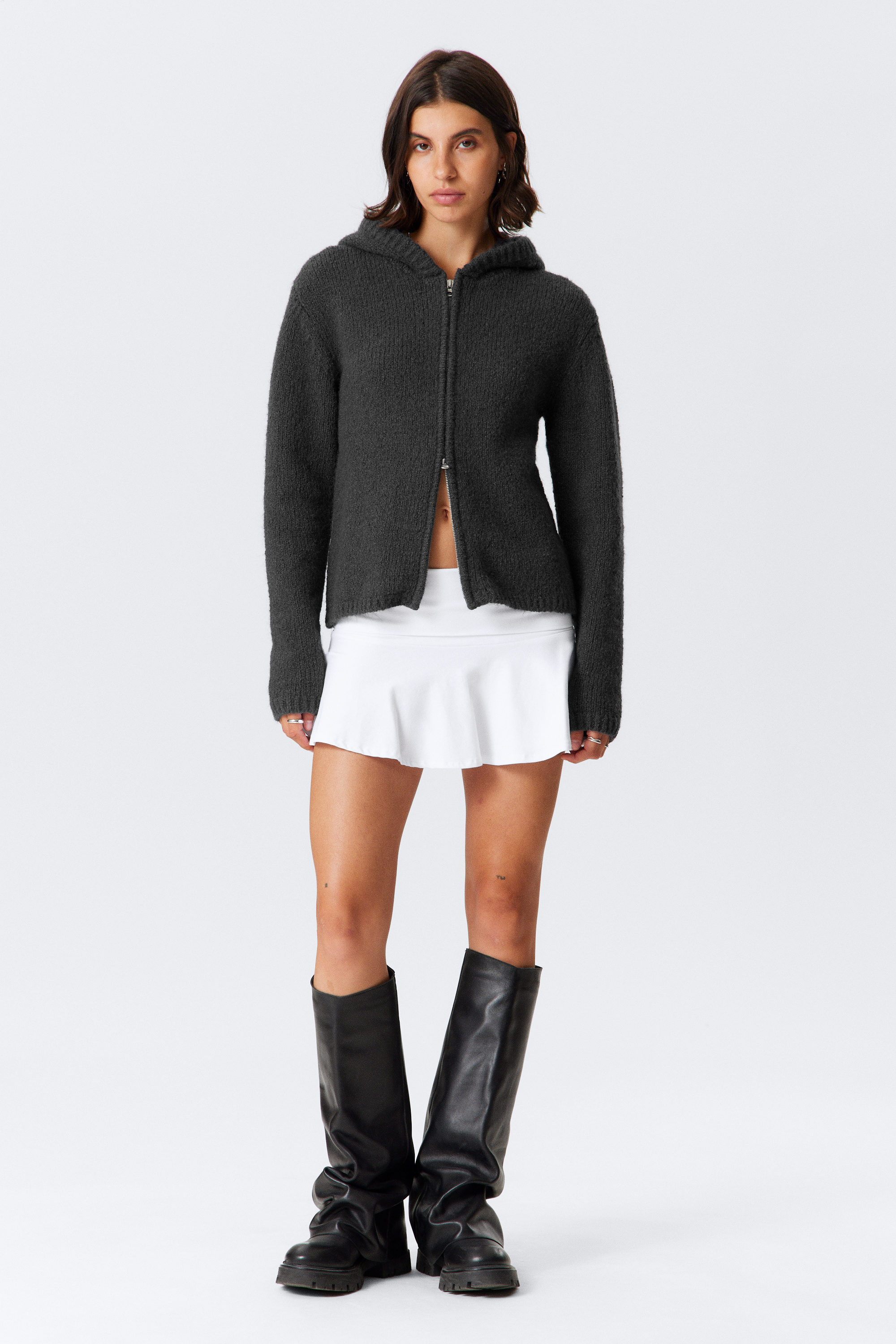 Donkergrijs - Ruimvallende gebreide hoodie met rits - 2