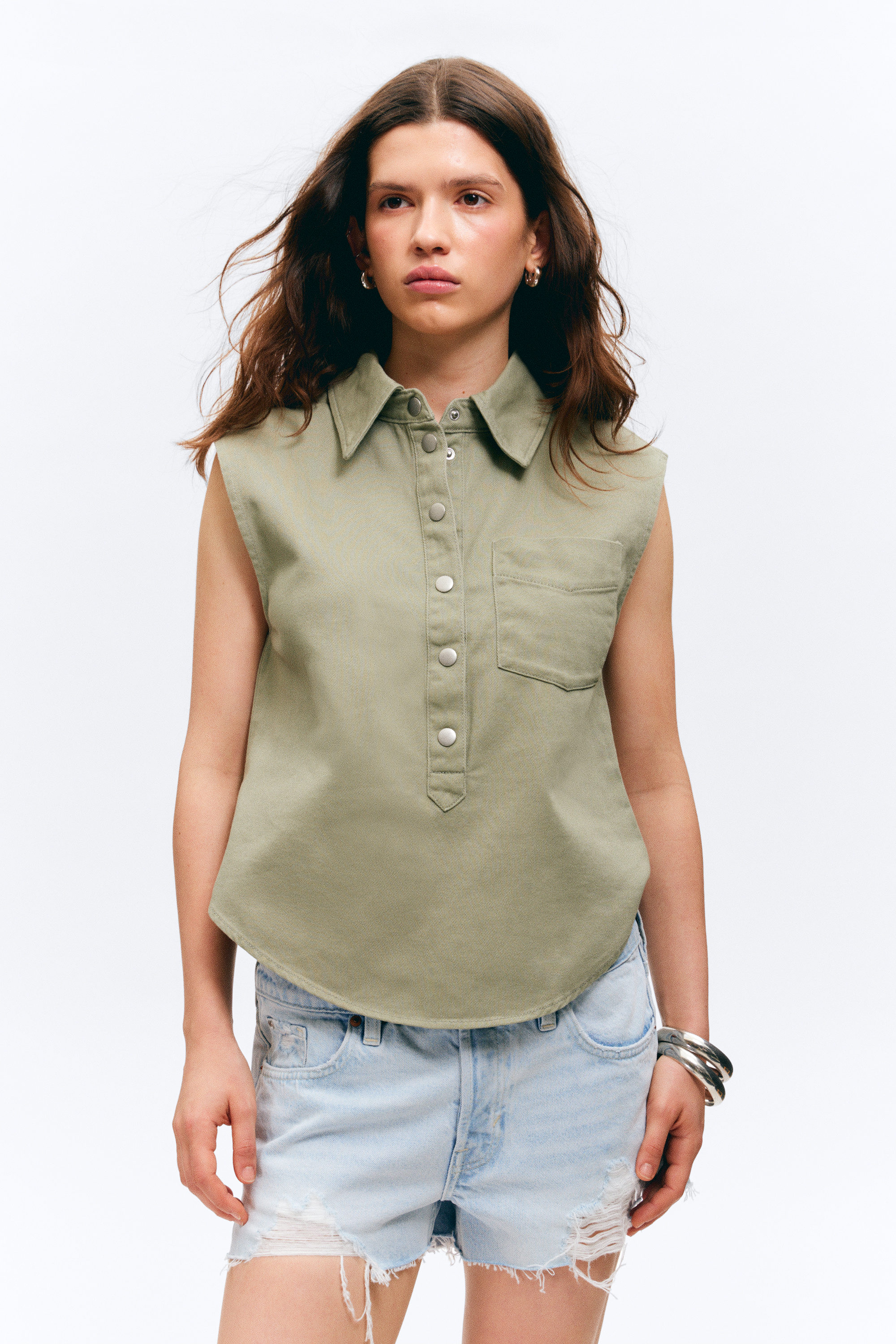 #8D8C81 - Cap-Sleeved Cotton Twill Shirt - 1
