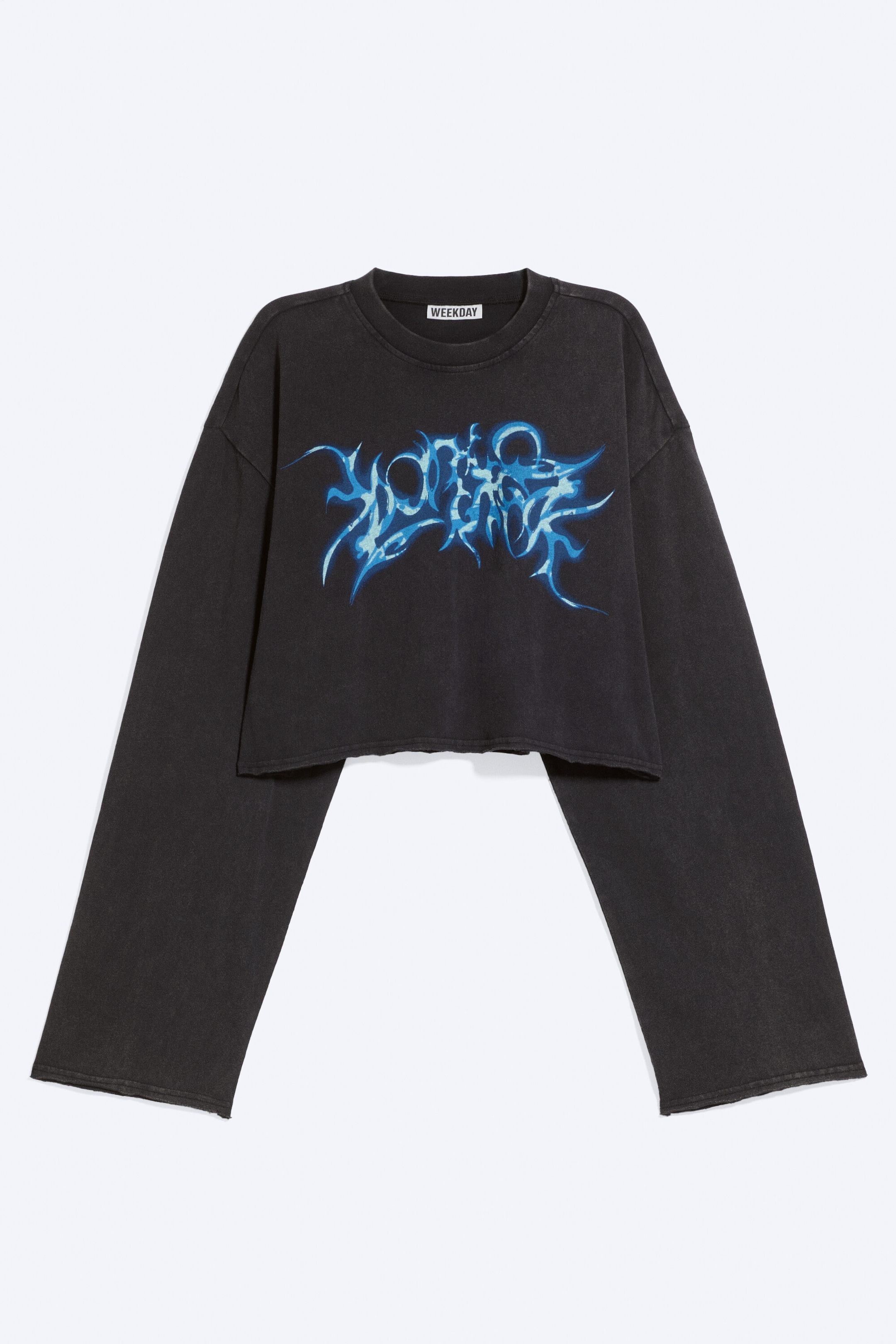 Black - Printed Oversized Cropped Long-Sleeved T-shirt - 3