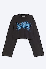 Black - Printed Oversized Cropped Long-Sleeved T-shirt - 3