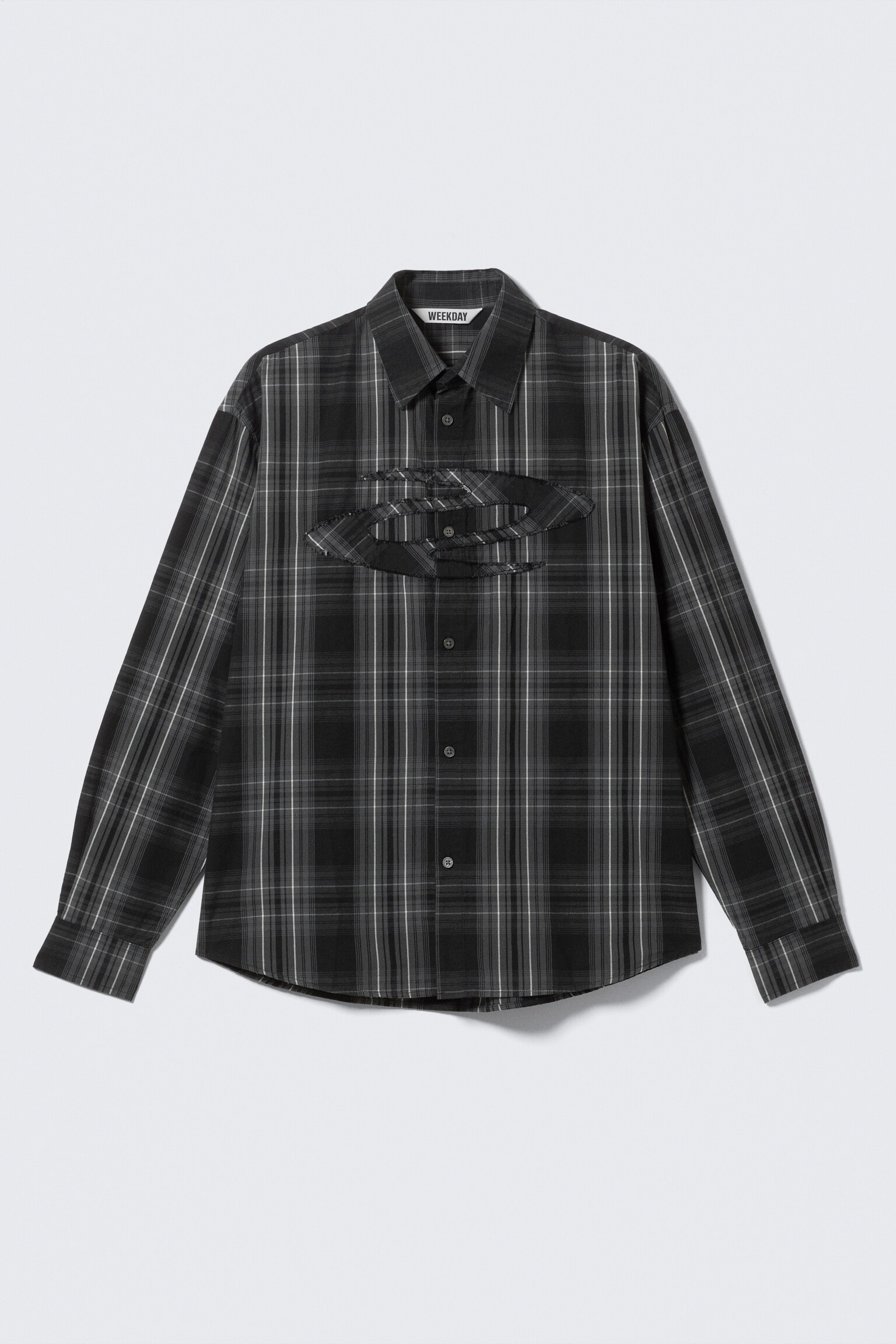 Checked Patch Long-Sleeved Cotton Shirt - Checked Black