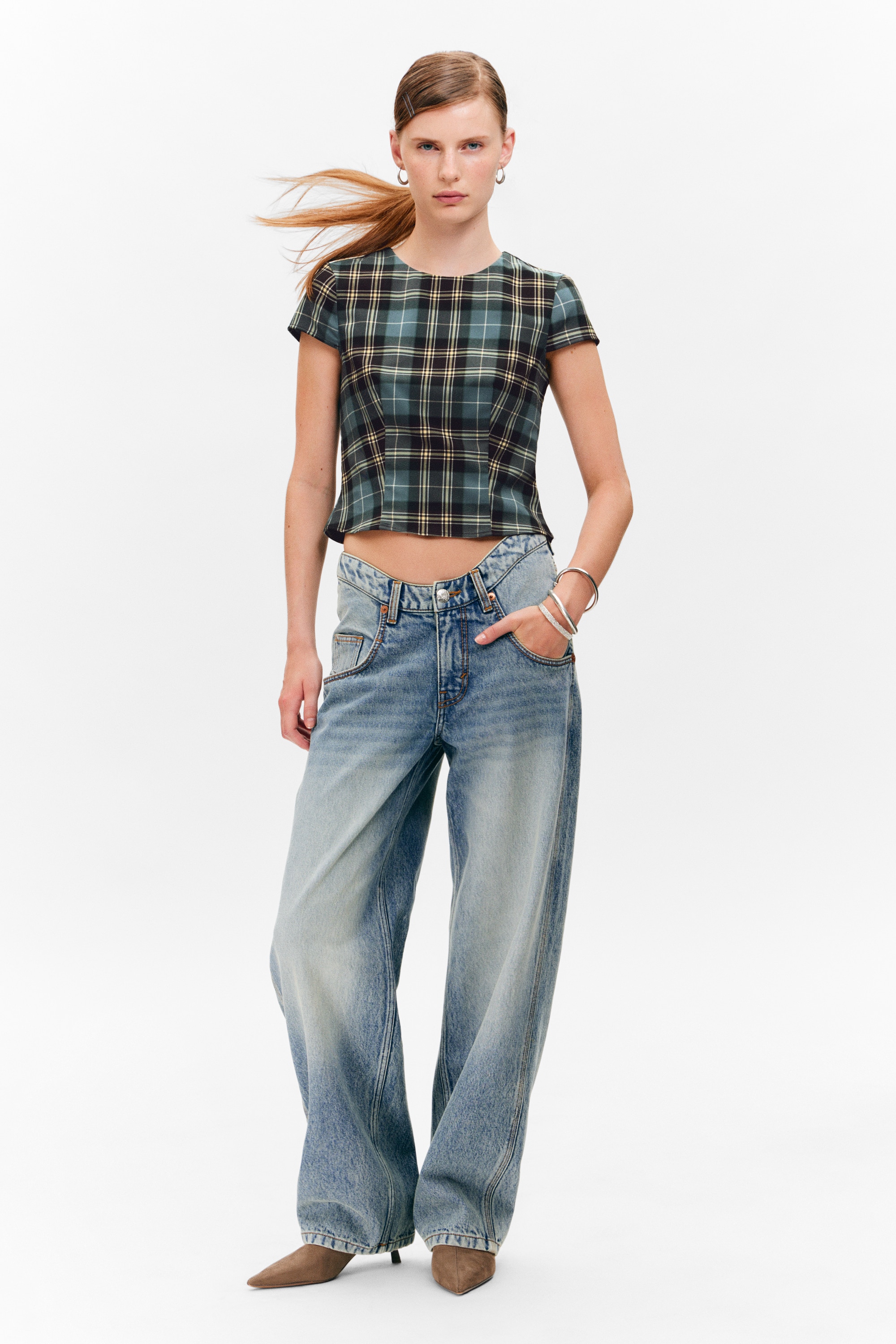 Figurbetontes Kurzarm-Top aus Twill - Türkis & Gelb kariert