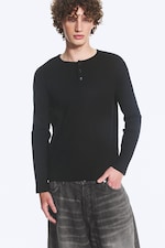 Black - Long-sleeved cotton henley - 0
