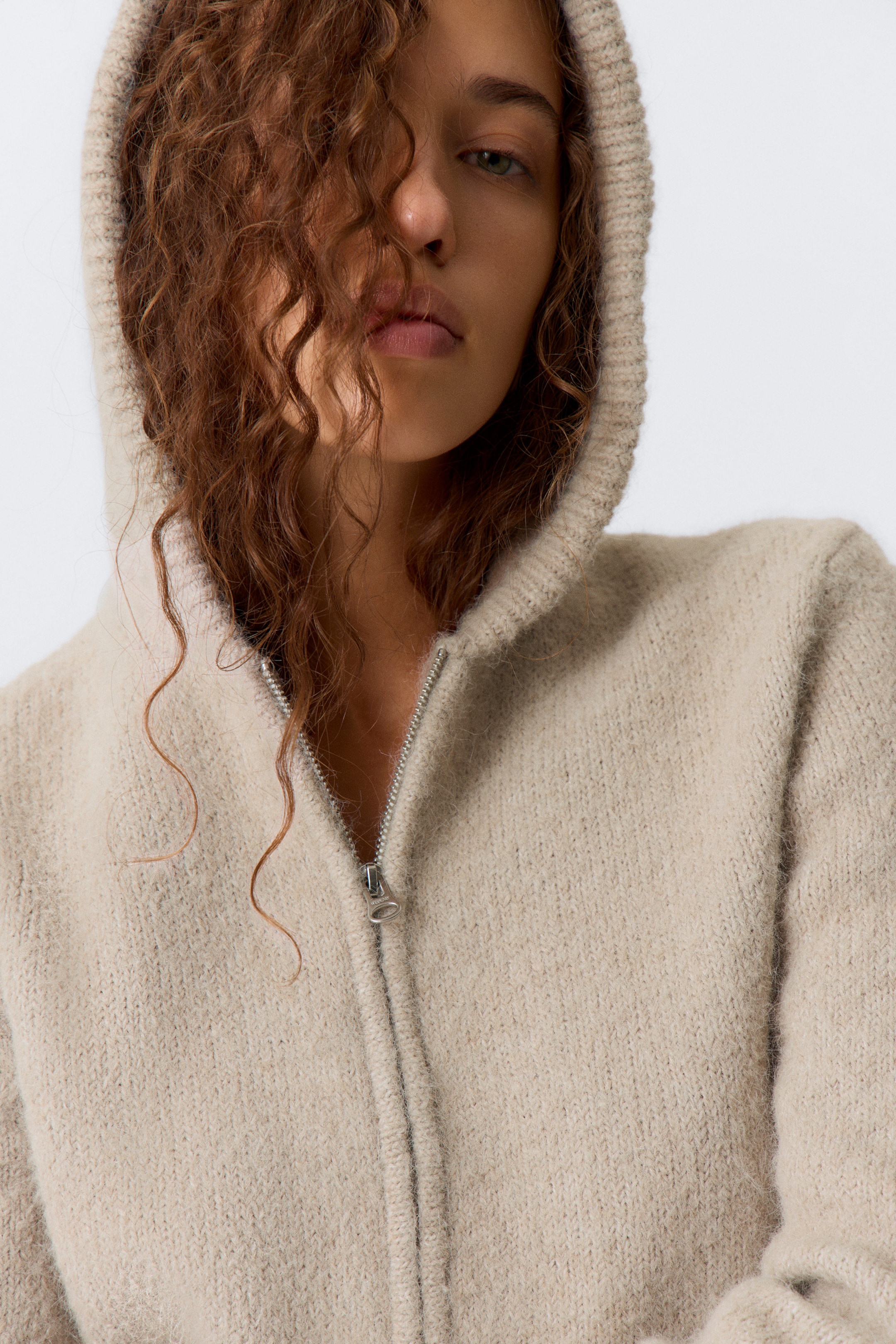 Beige - Boxy Knitted Zip Hoodie - 2