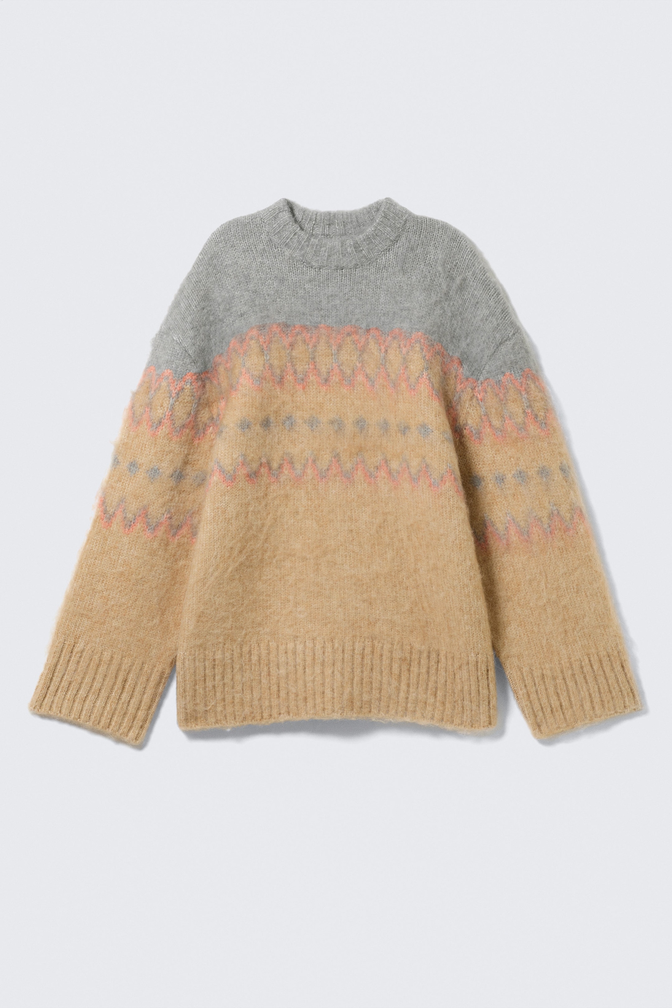 Beige/Grey Fairisle - Relaxed Fit Fluffy Knit Sweater - 3