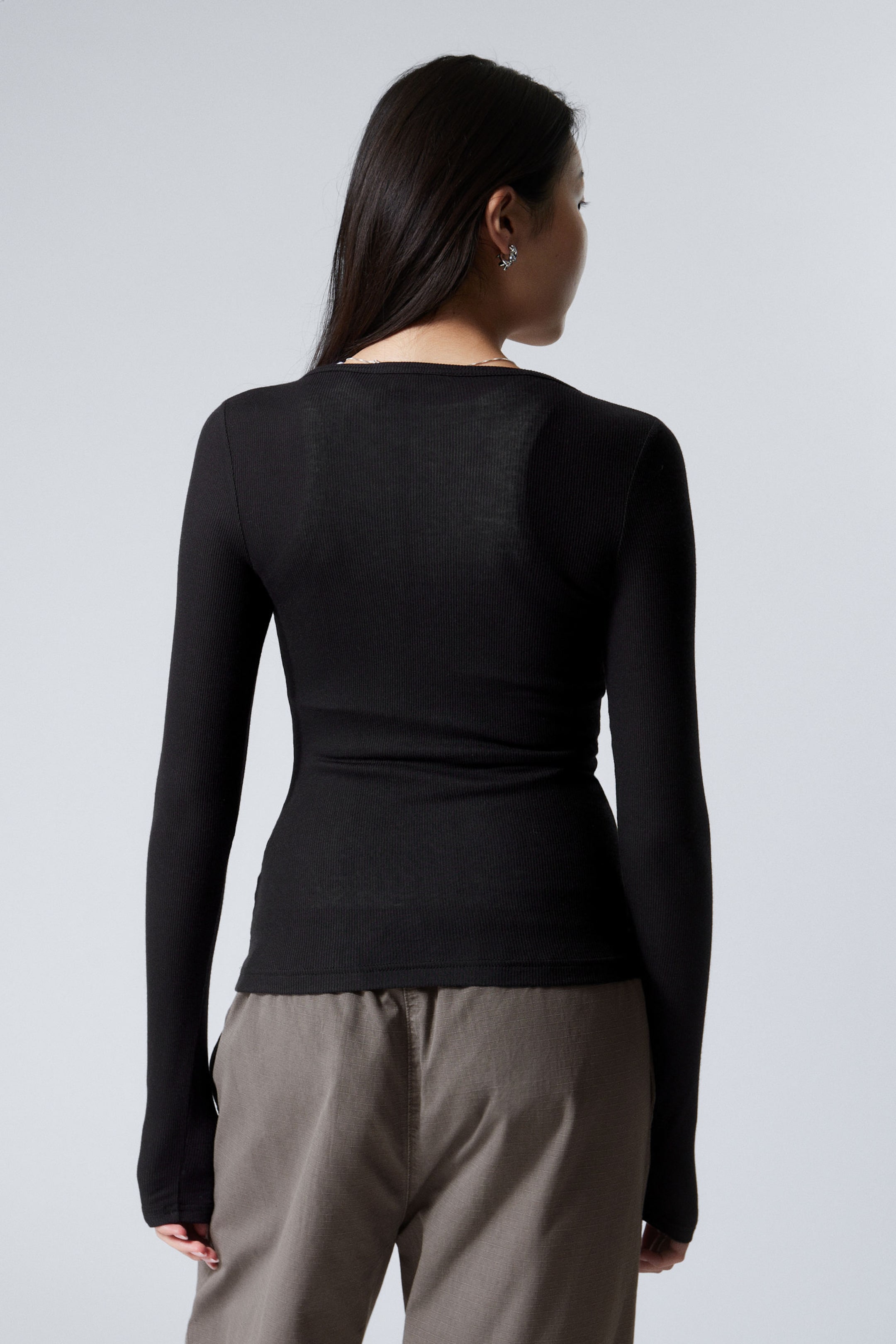Black - Sheer Rib Long Sleeve Henley Top - 2