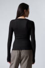 Black - Sheer Rib Long Sleeve Henley Top - 2