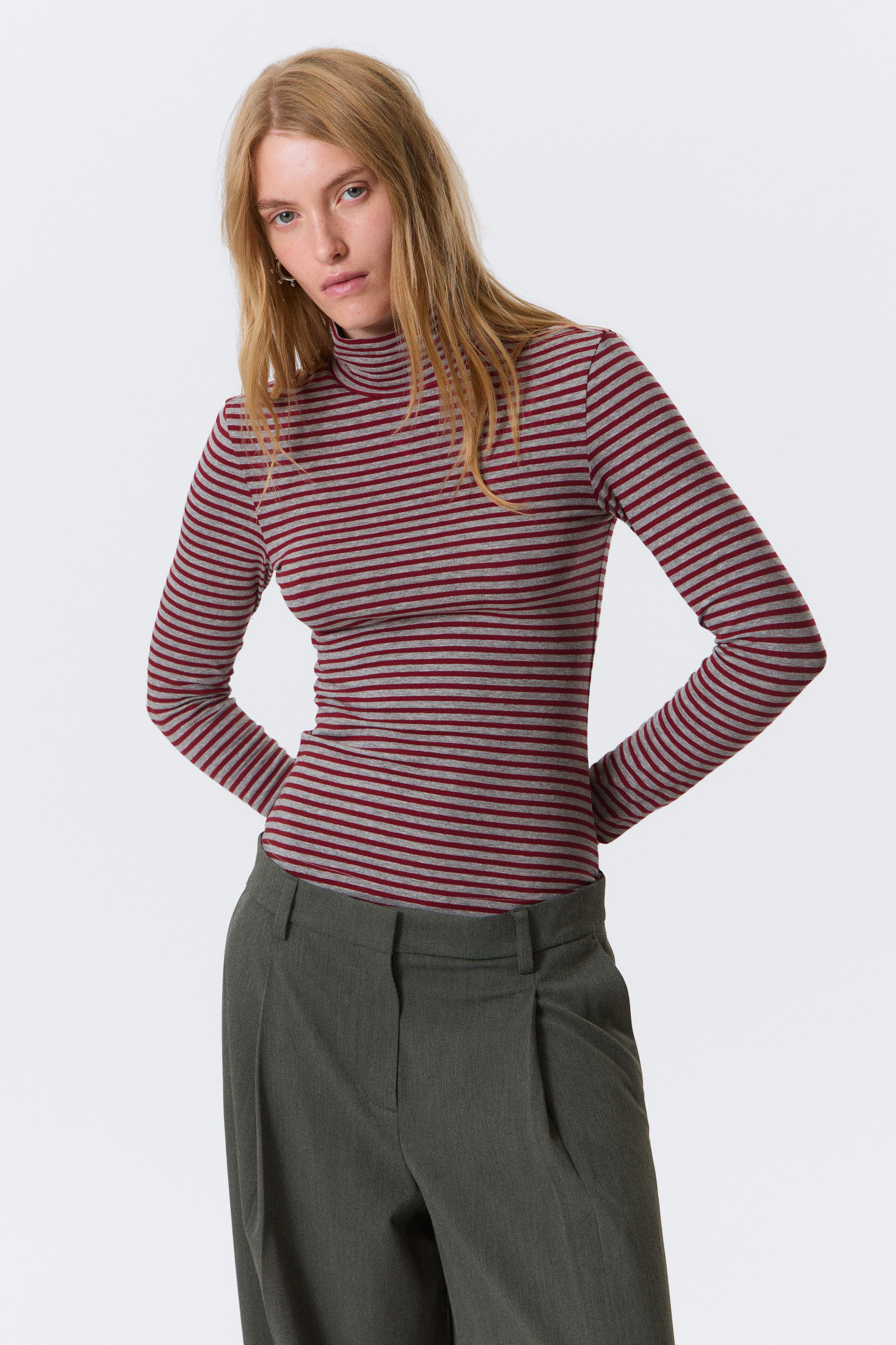 Grey & Red Stripes - Fitted Striped Turtleneck Top - 1
