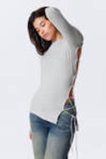 Light Grey - Asymmetric Long-Sleeved Cross Back Top - 0