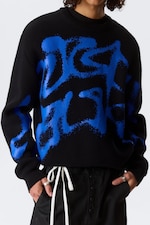 Black - Blue Spray Paint - Regular Jacquard Knitted Graphic Sweater - 2