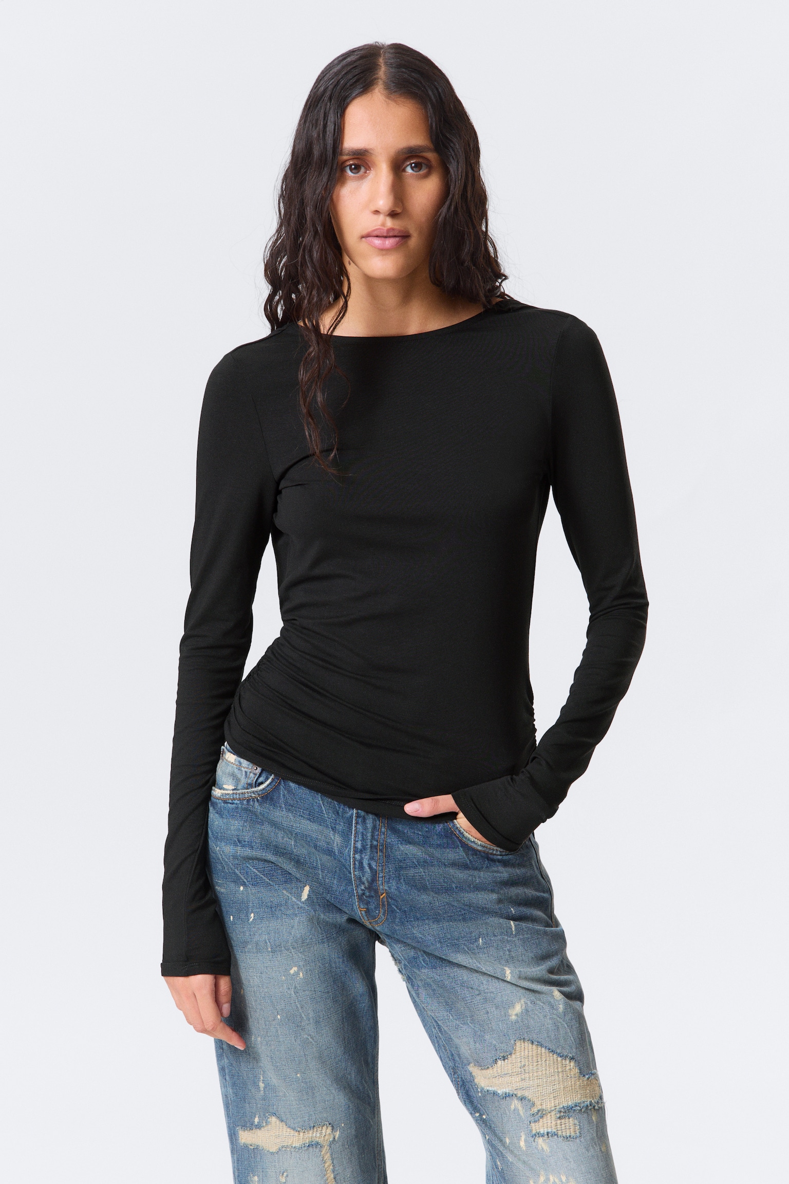 Open Back Long-Sleeved Top - Black/Dark Blue - 9
