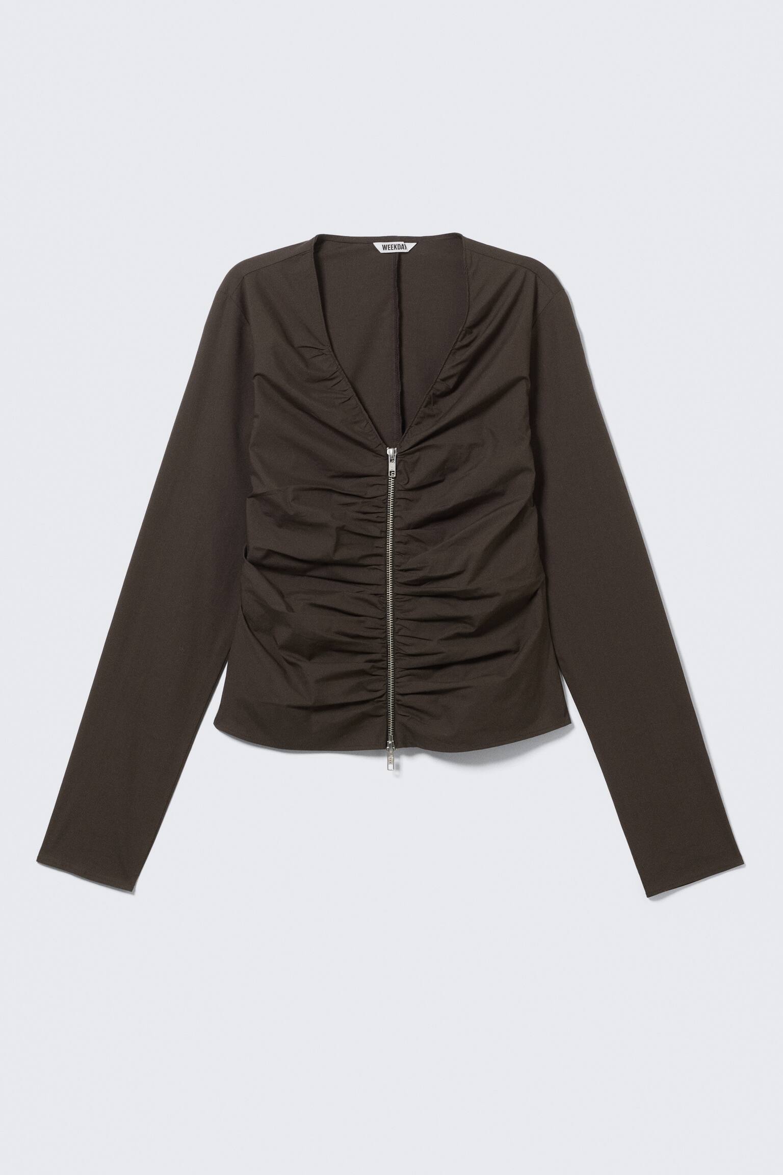 Top cu fermoar și decolteu în V adunat - Maro închis/Alb - 2