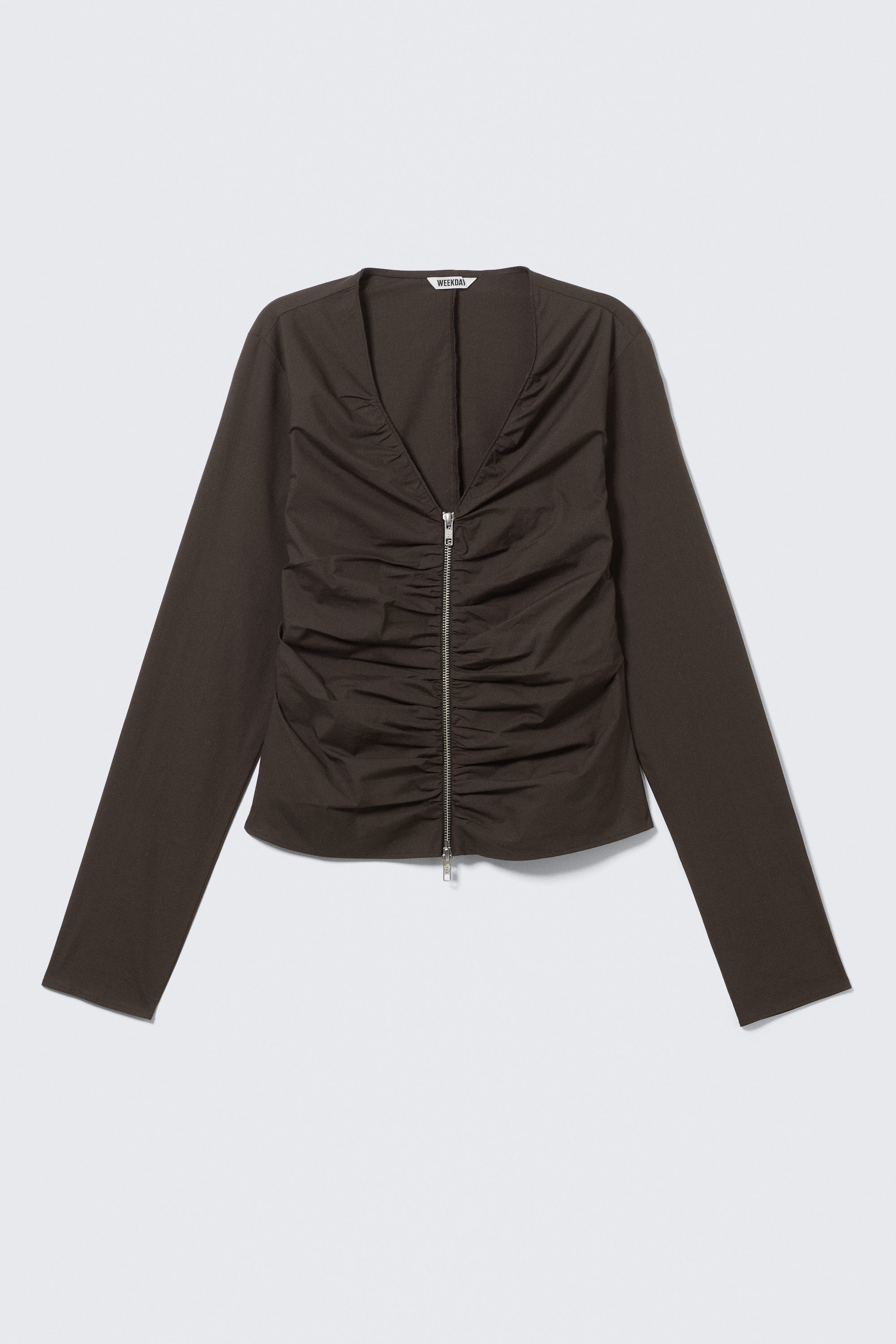 Dark Brown - Gathered V-Neck Zip Top - 3
