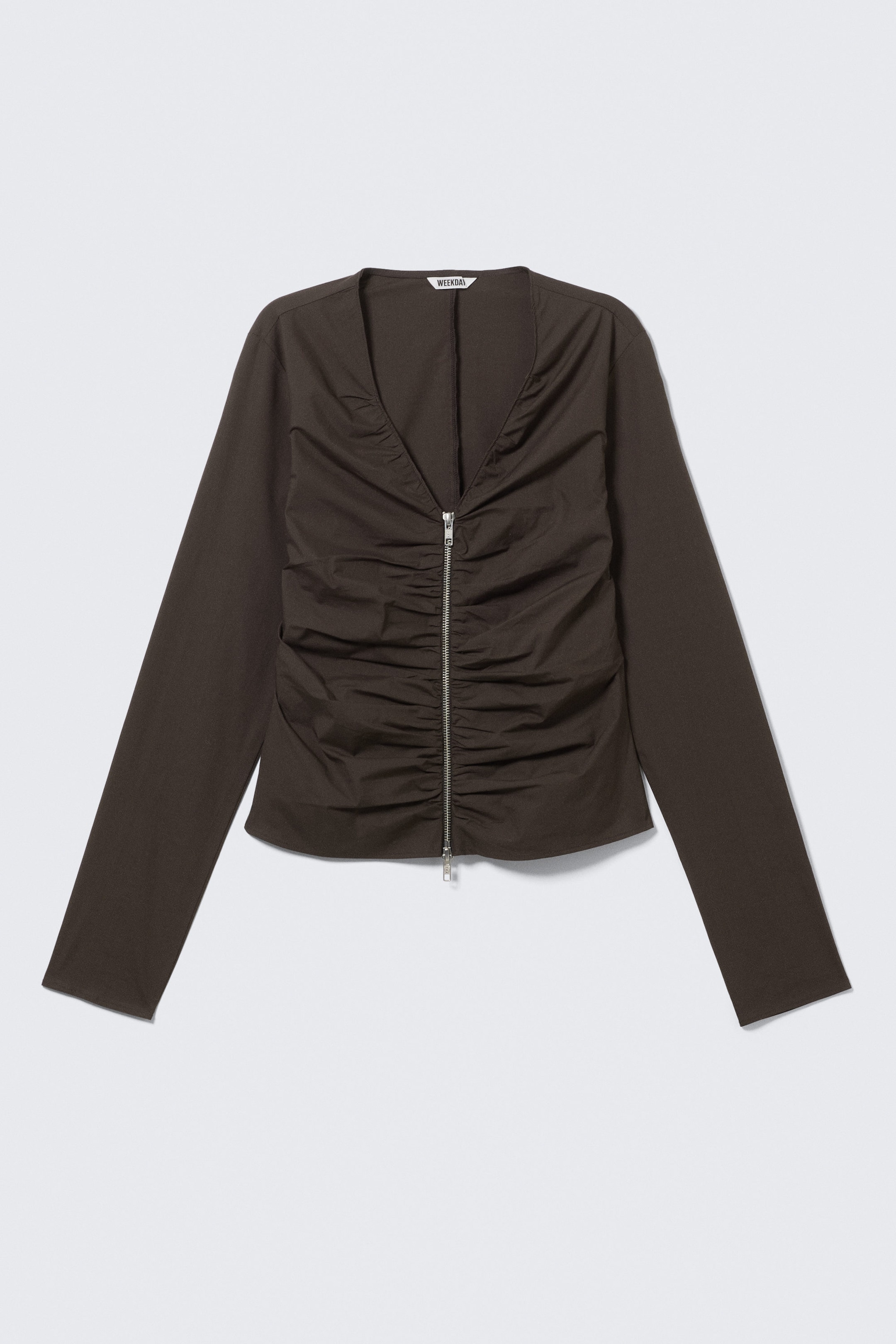 Dark Brown - Gathered V-Neck Zip Top - 3