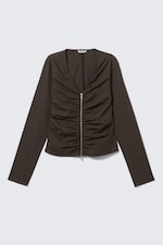 Dark Brown - Gathered V-Neck Zip Top - 3