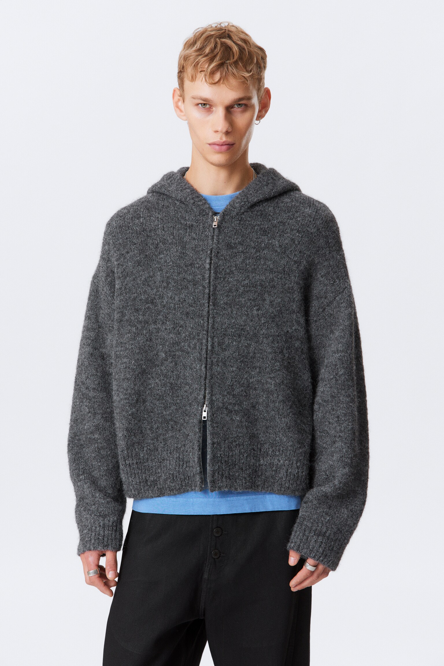 Knitted Boxy Wool-Blend Zip Hoodie - Dark Grey/Dark Brown Melange