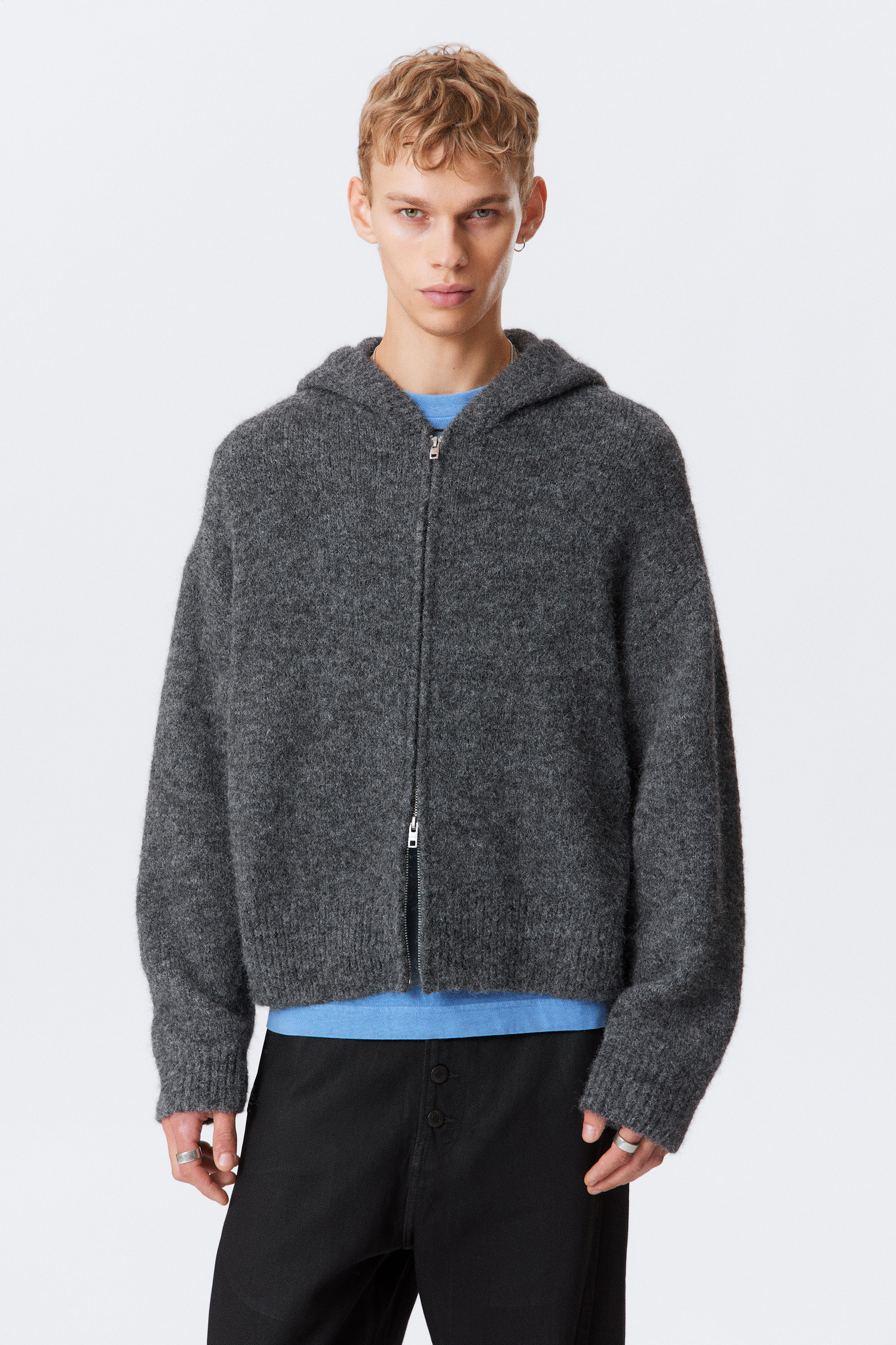 Dunkelgrau - Gestrickter, kastiger Zip-Hoodie aus Wollmischung - 1