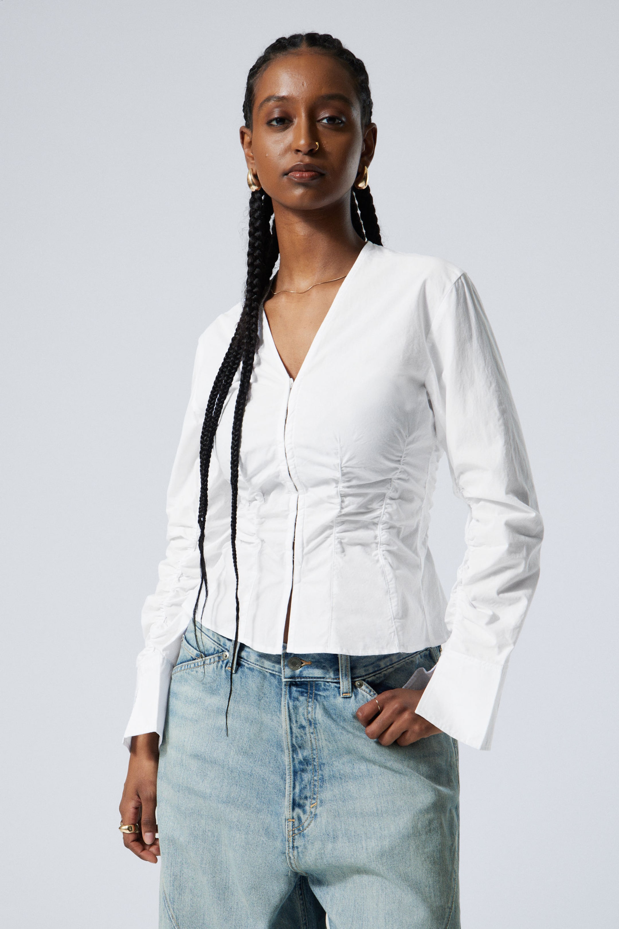 White - Gathered Poplin V-neck Shirt - 2