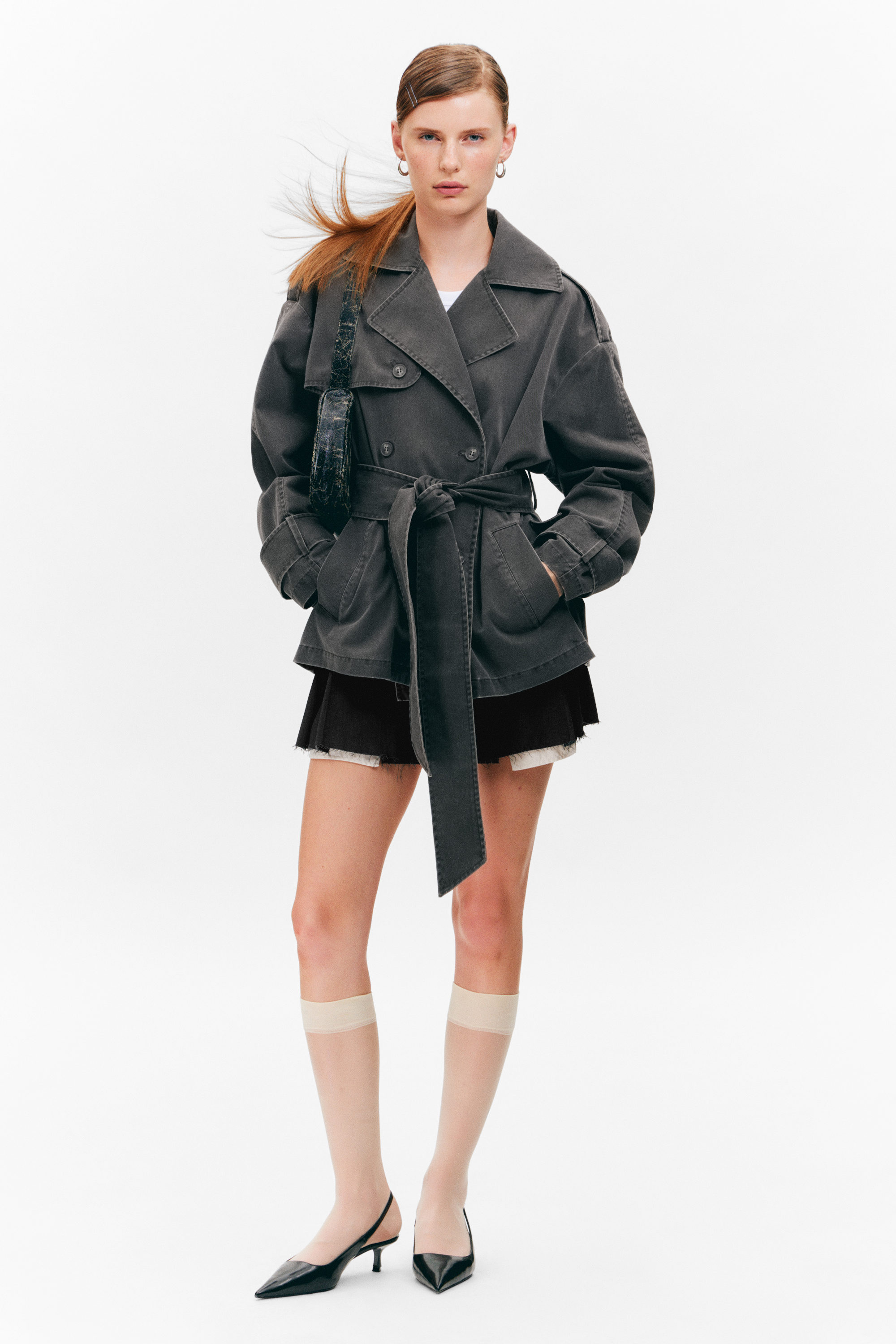 Dark Grey - SHORT DOUBLE-BREASTED WASHED TRENCH COAT - 1