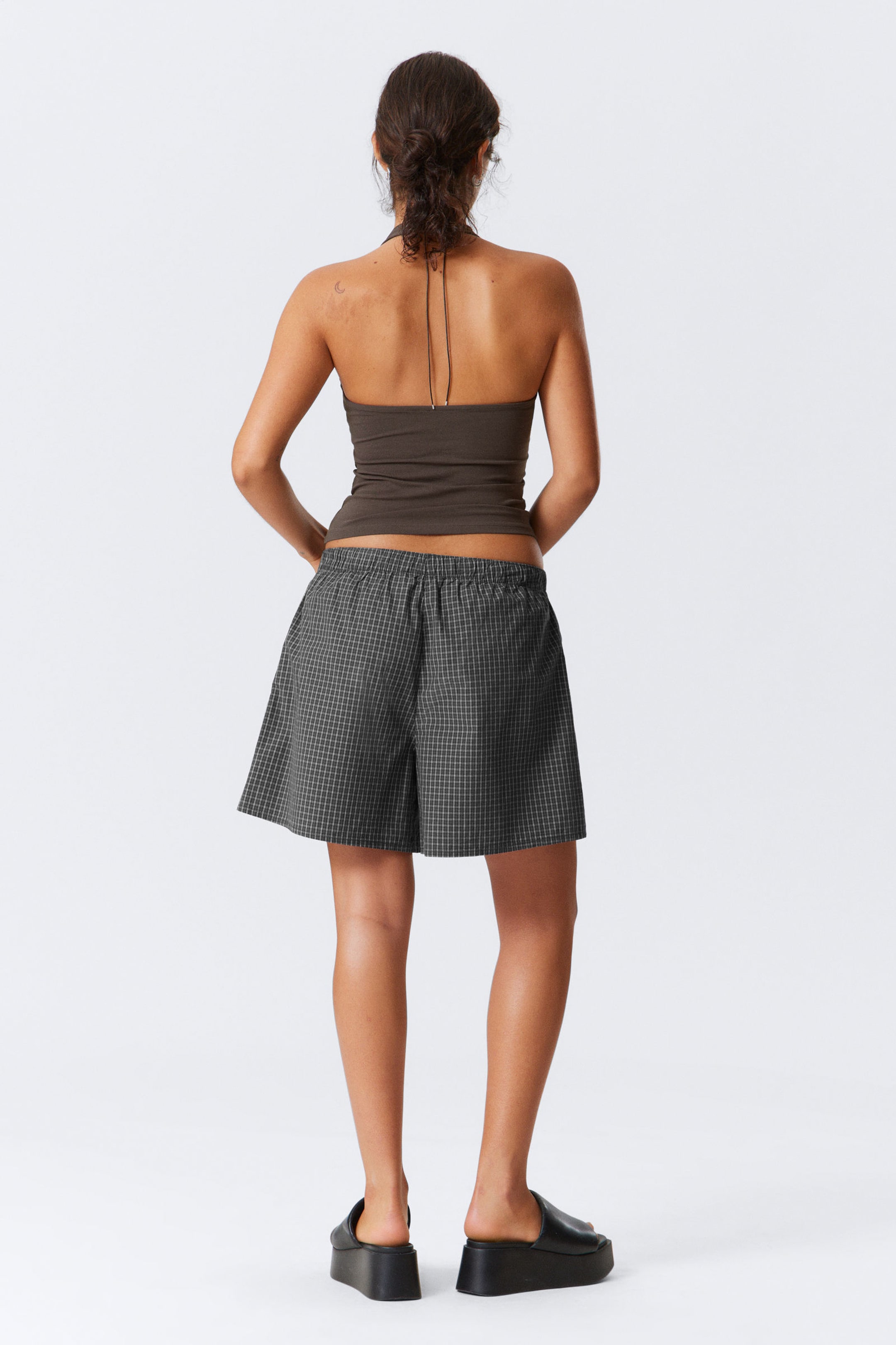 Checked Dark Mole - Low Rise Cotton Shorts - 2