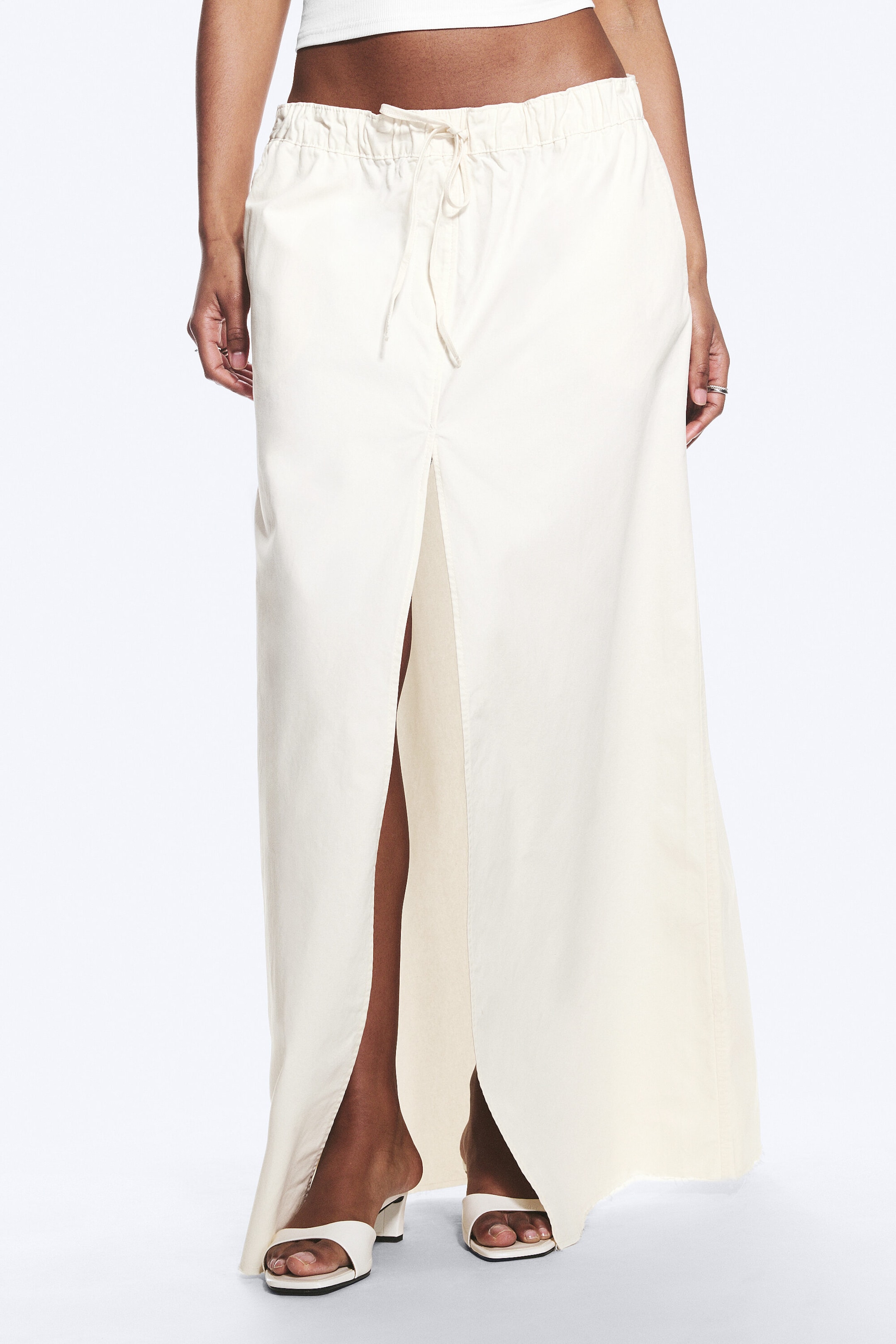 White - Drawstring Cotton Canvas Maxi Skirt - 2