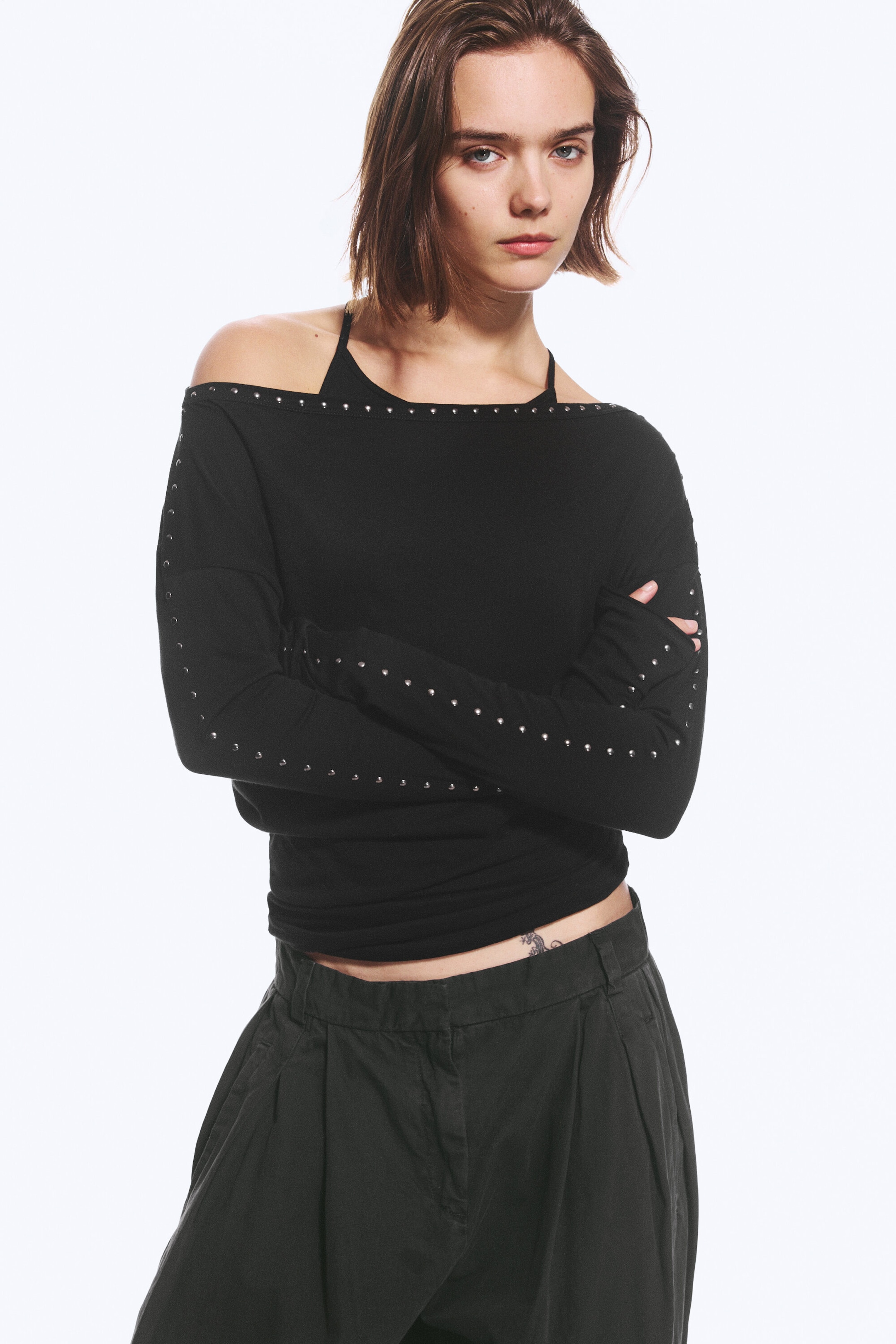Black - Studded Off-Shoulder Long-Sleeved Top