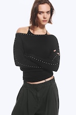 Black - Studded Off-Shoulder Long-Sleeved Top - 0