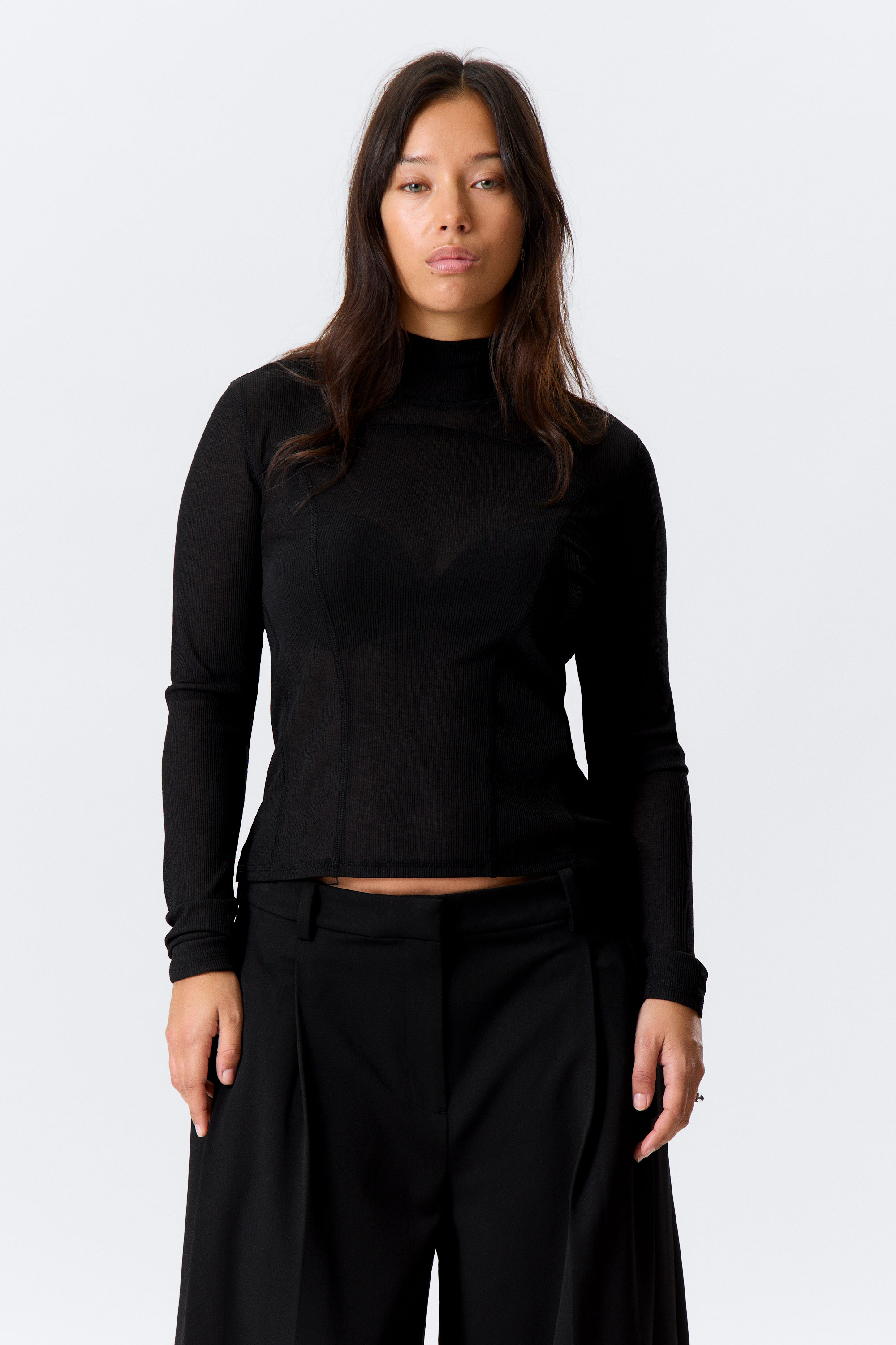 Svart - Långärmad mesh-topp med mock-neck - 1