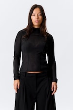 Black - Long-Sleeved Mesh Mock-Neck Top - 2