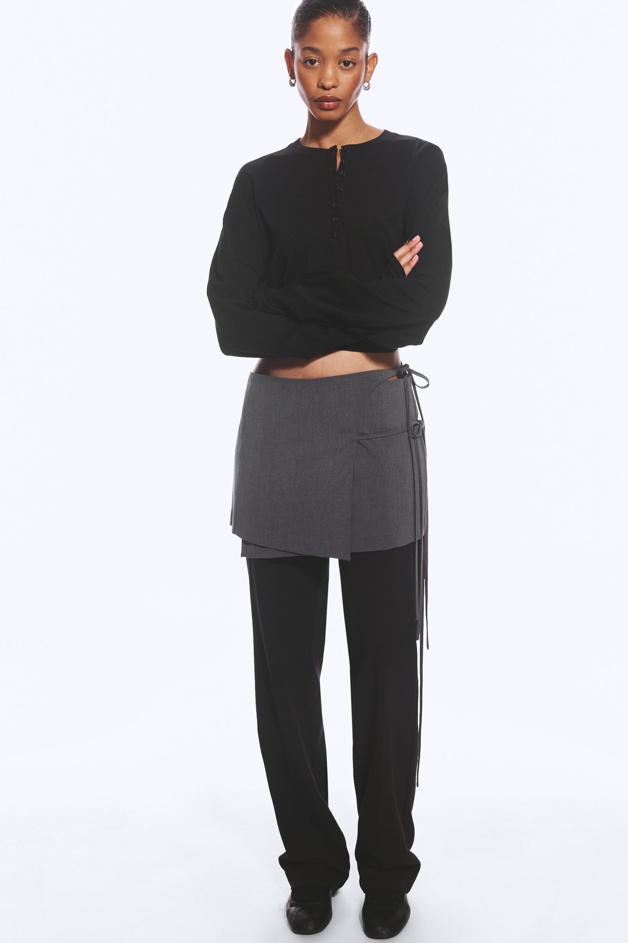 Dark Grey Melange - Strappy Mini Wrap Skirt - 1