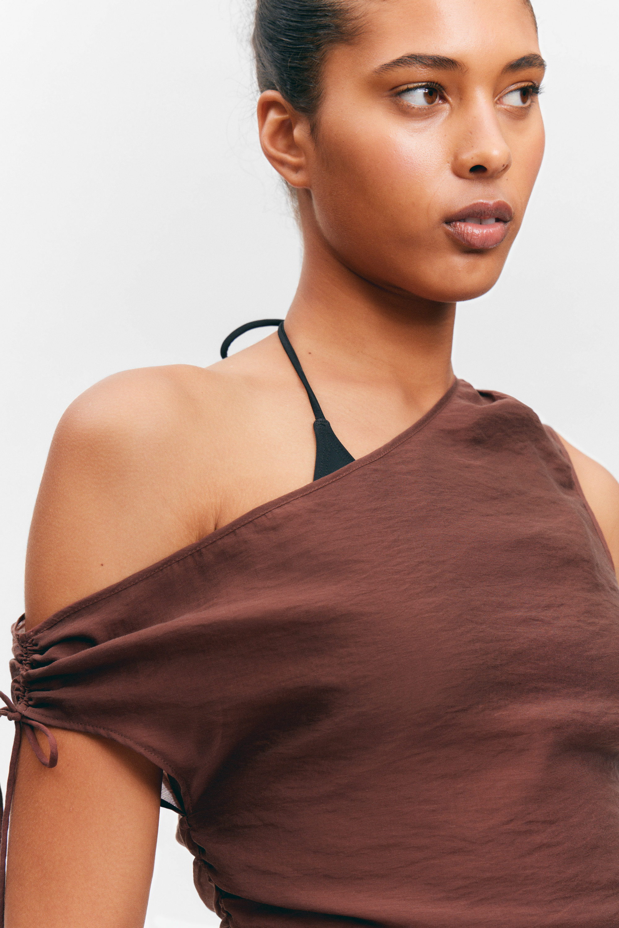 Brown - Sheer Asymmetric Drawstring Top - 2