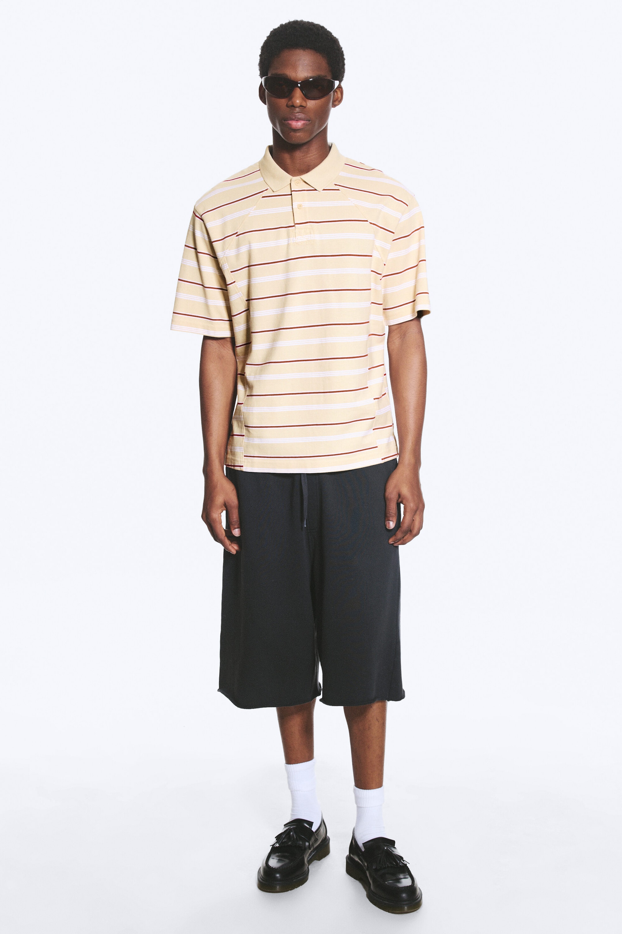 Striped Light Dusty Beige - Boxy Loose Polo Shirt - 2