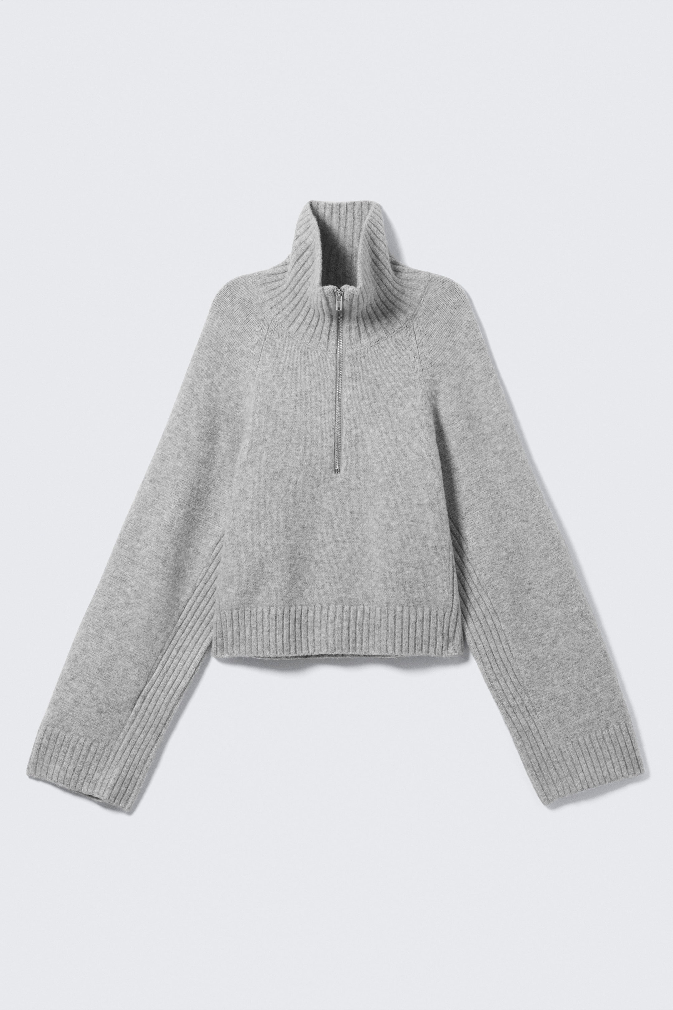 Dusty Light Grey Melange - Short Half-Zip Knitted Sweater - 1