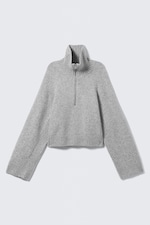 Dusty Light Grey Melange - Short Half-Zip Knitted Sweater - 0