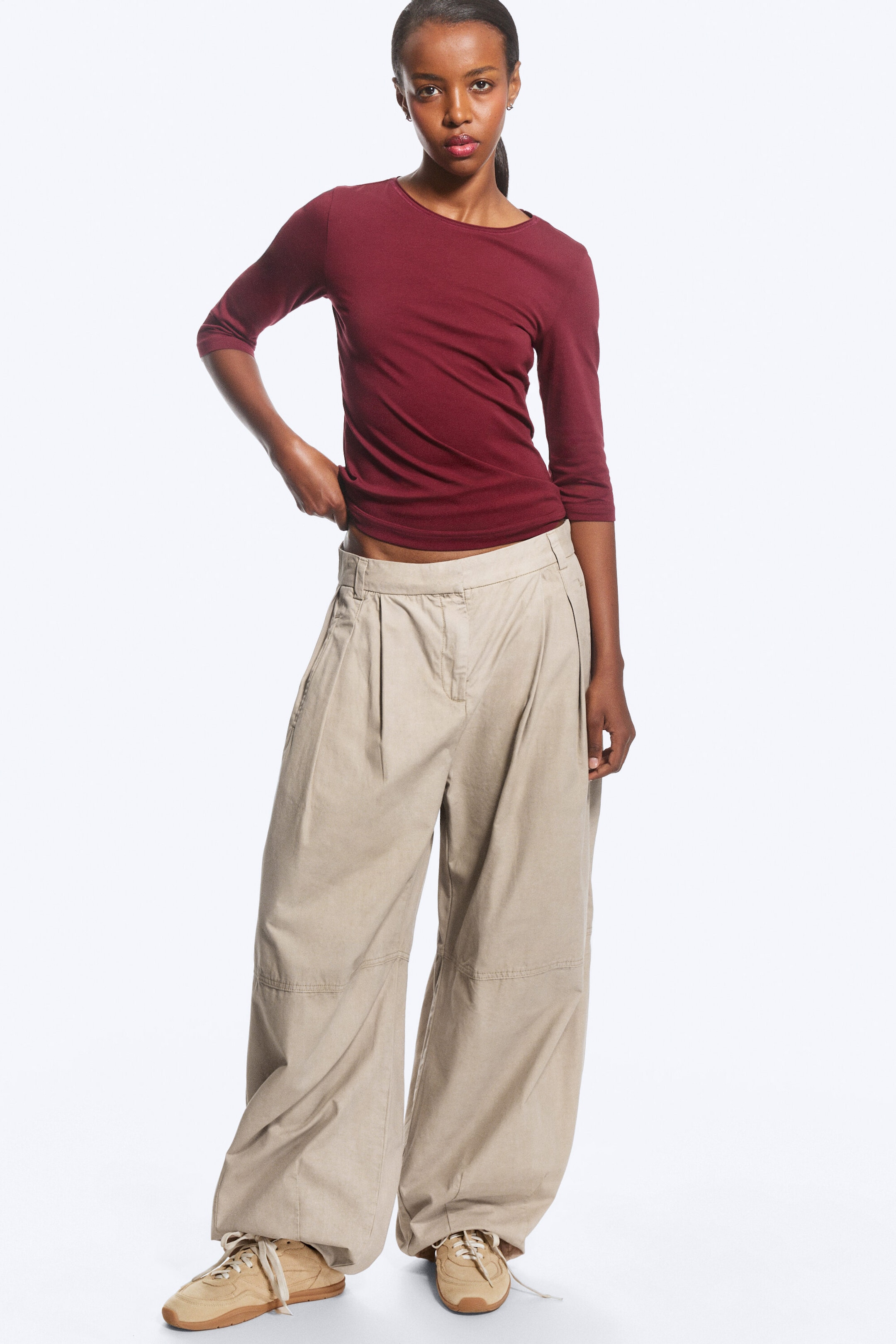 Dark Red - Fitted Three-Quarter Sleeve Top - 1