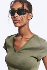 Dusty Khaki Green - Slim Fit Deep V-Neck T-Shirt - 1