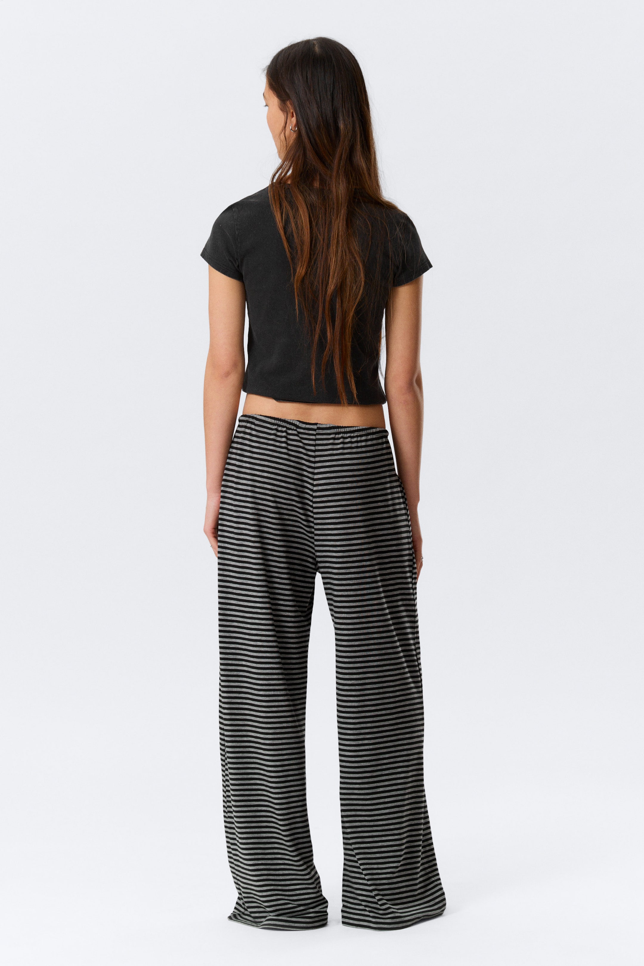 Black & Grey Stripes - Mid Rise Loose Wide Leg Lyocell Trousers - 3