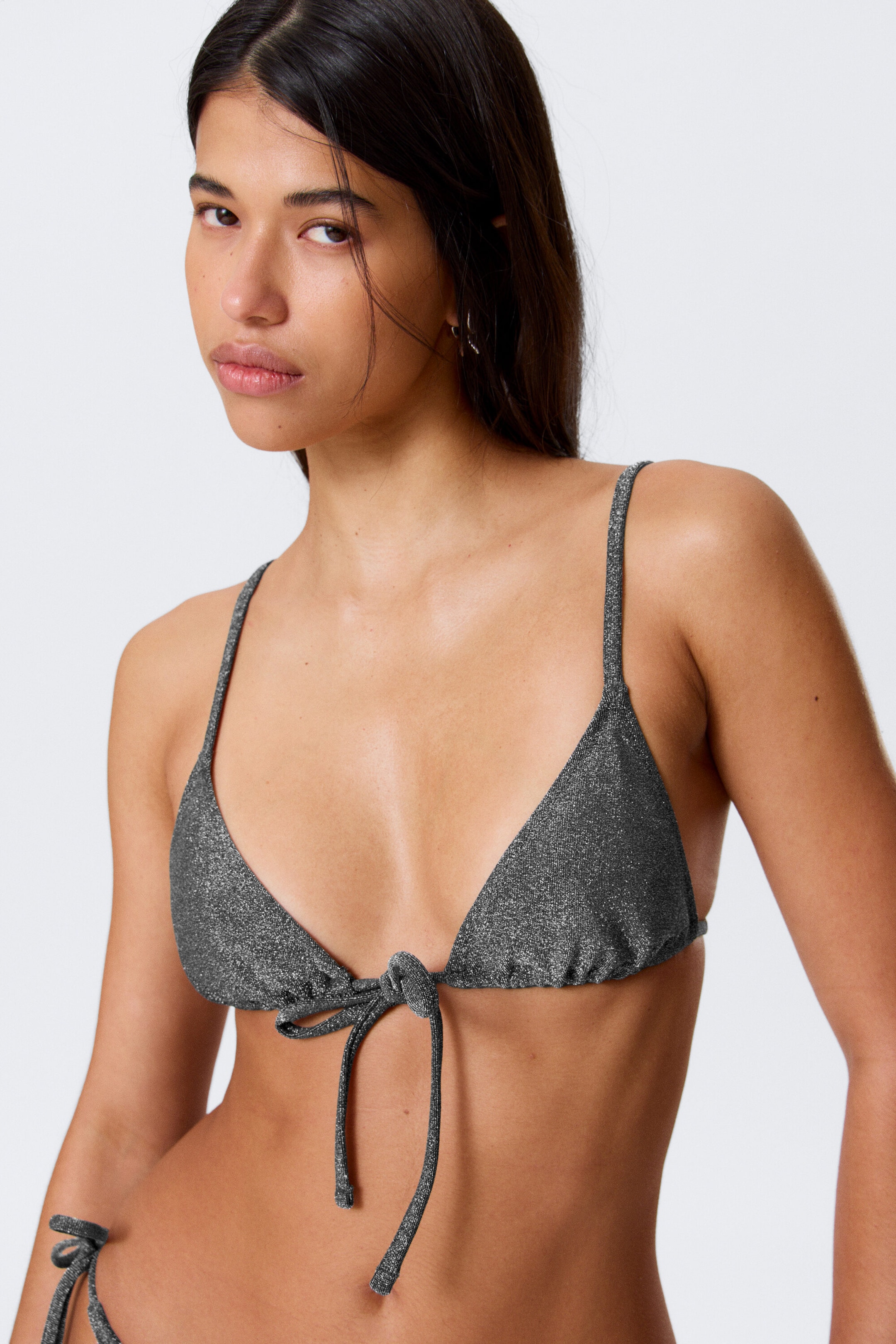 Dark Grey - Glitter - Printed Triangle Bikini Top - 2