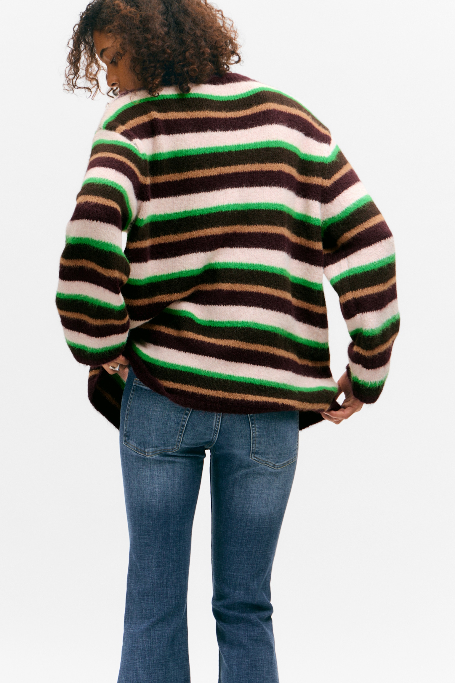 Soft Knit V-Neck Cardigan - Plum/Green/Beige Stripe/Black/Dusty Beige/Dark Brown & Yellow Stripes - 3