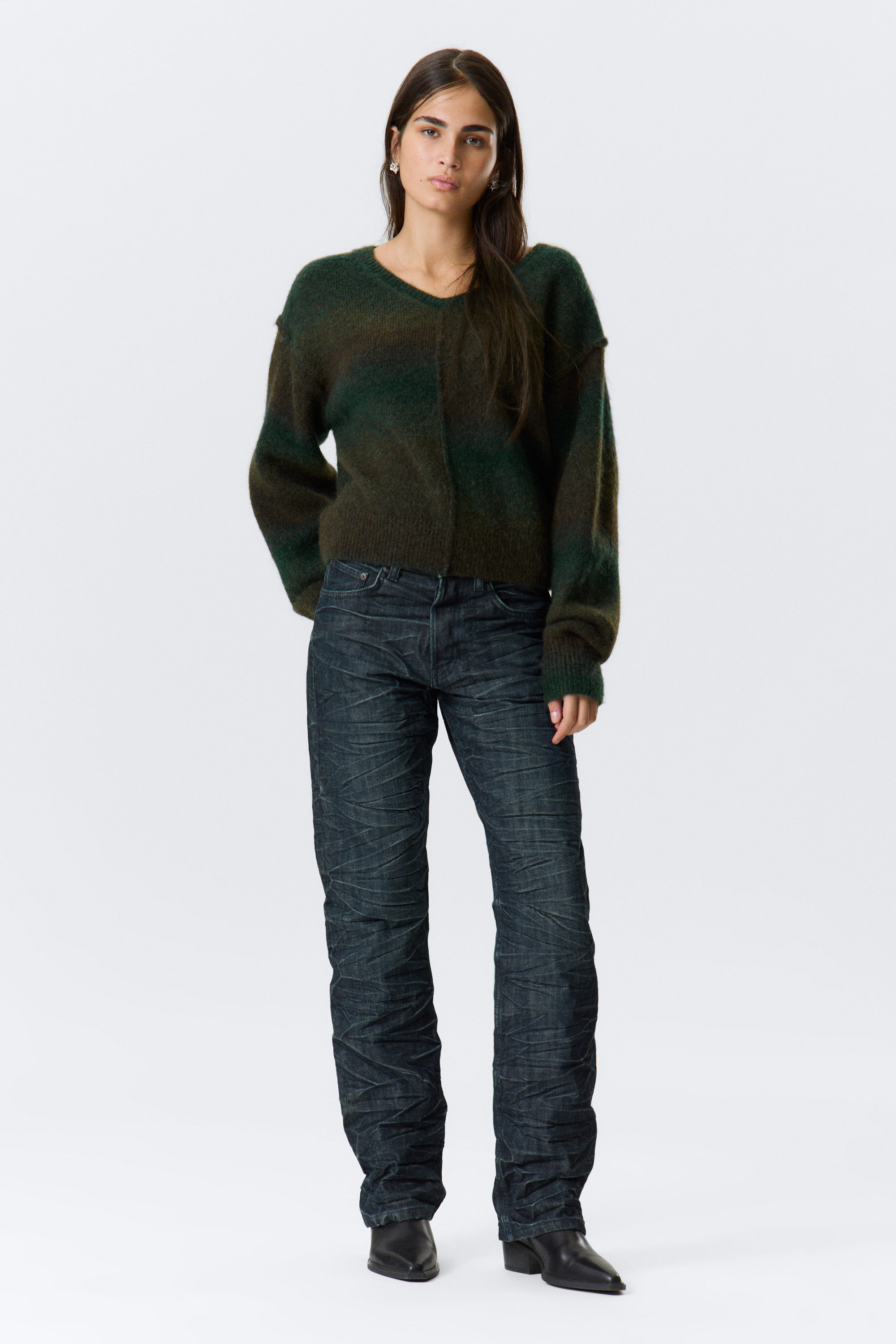Dark Green - Space Dye - Space Dye V-Neck Knitted Sweater - 2