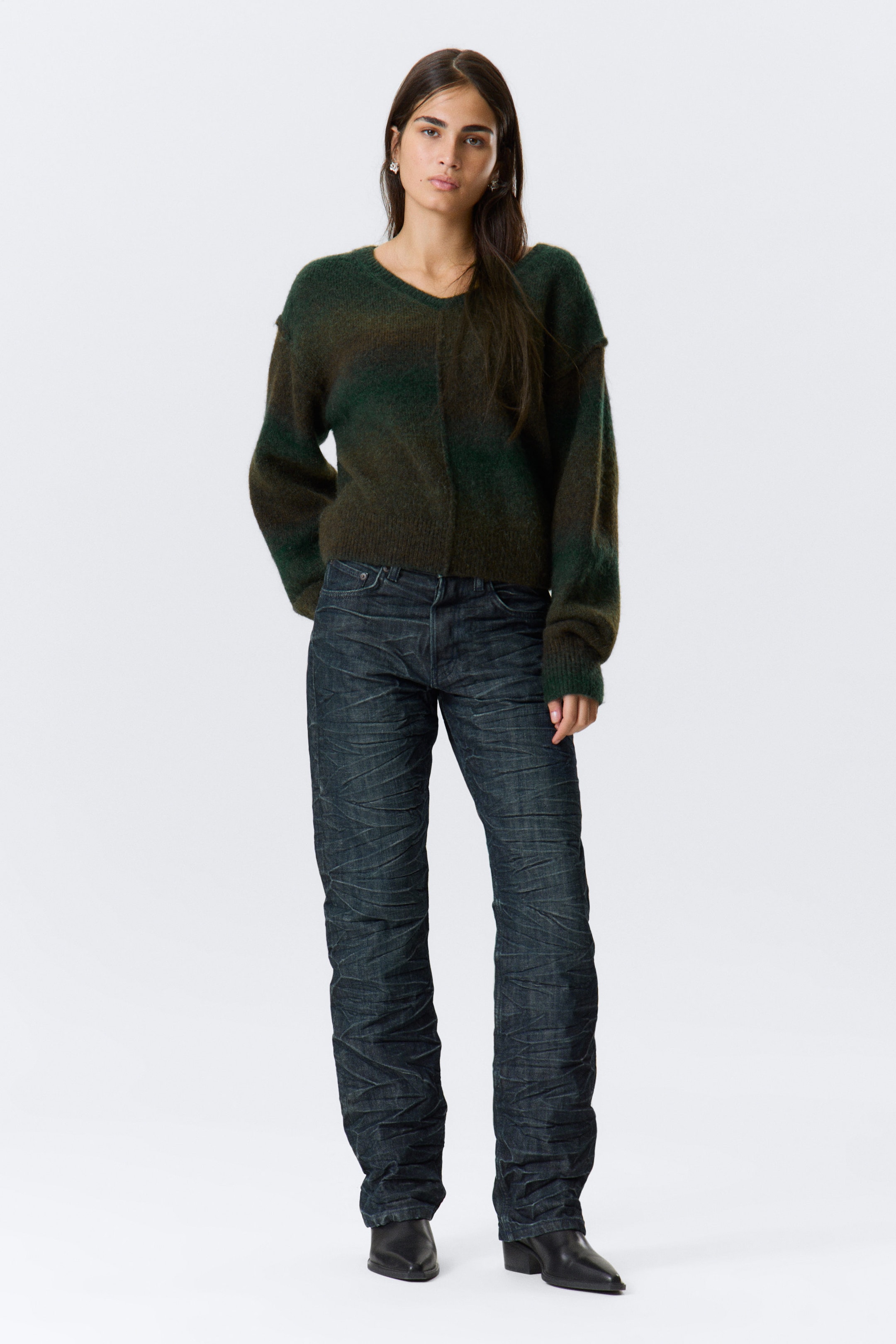 Dark Green - Space Dye - Space Dye V-Neck Knitted Sweater - 2